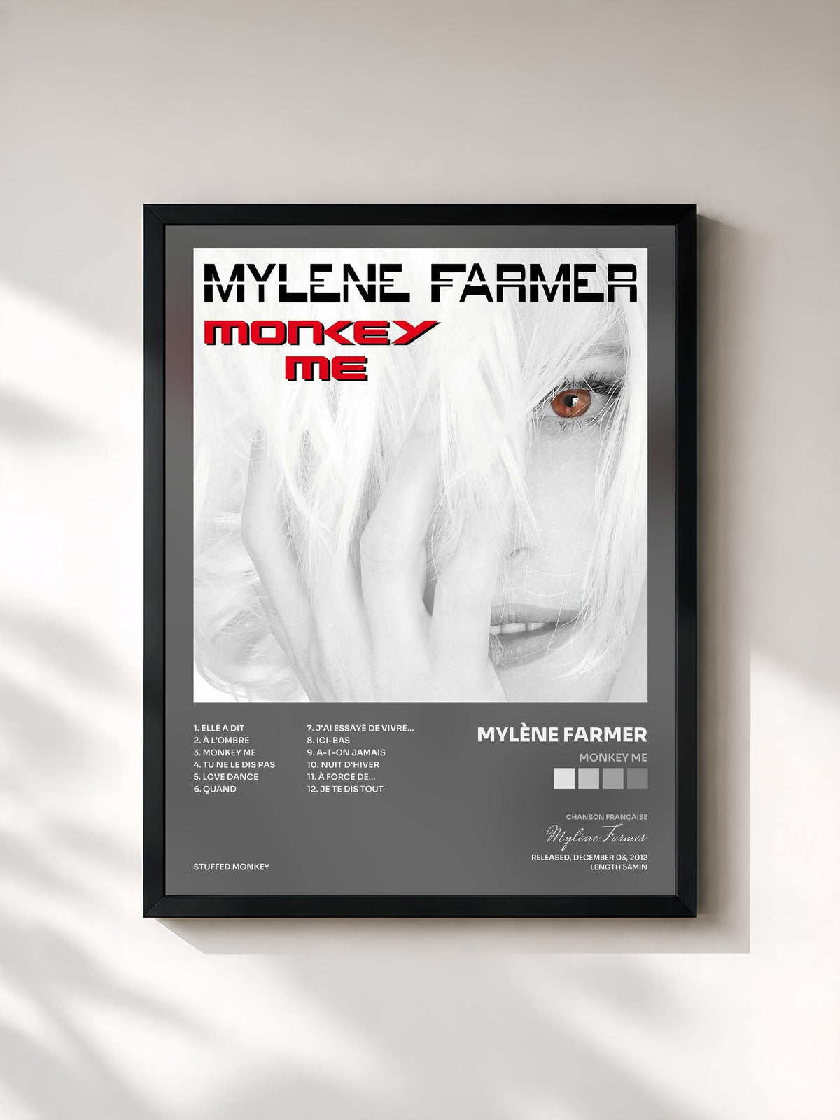 #noir Tableau de l'album Monkey Me de Mylène Farmer, cadre noir, imprimé et encadré en France