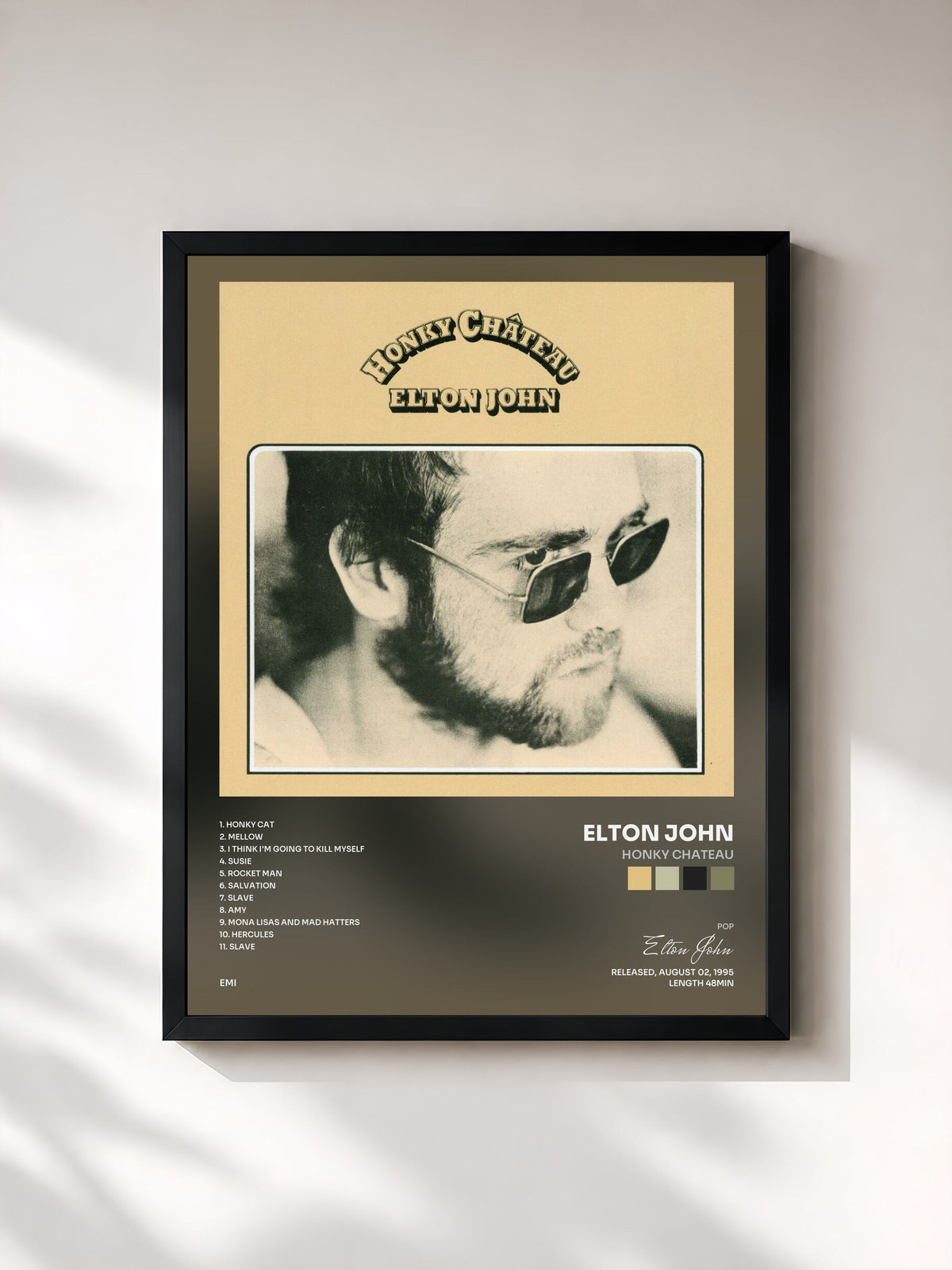 #noir Tableau de l'album Honky Chateau de Elton John, cadre noir, imprimé et encadré en France
