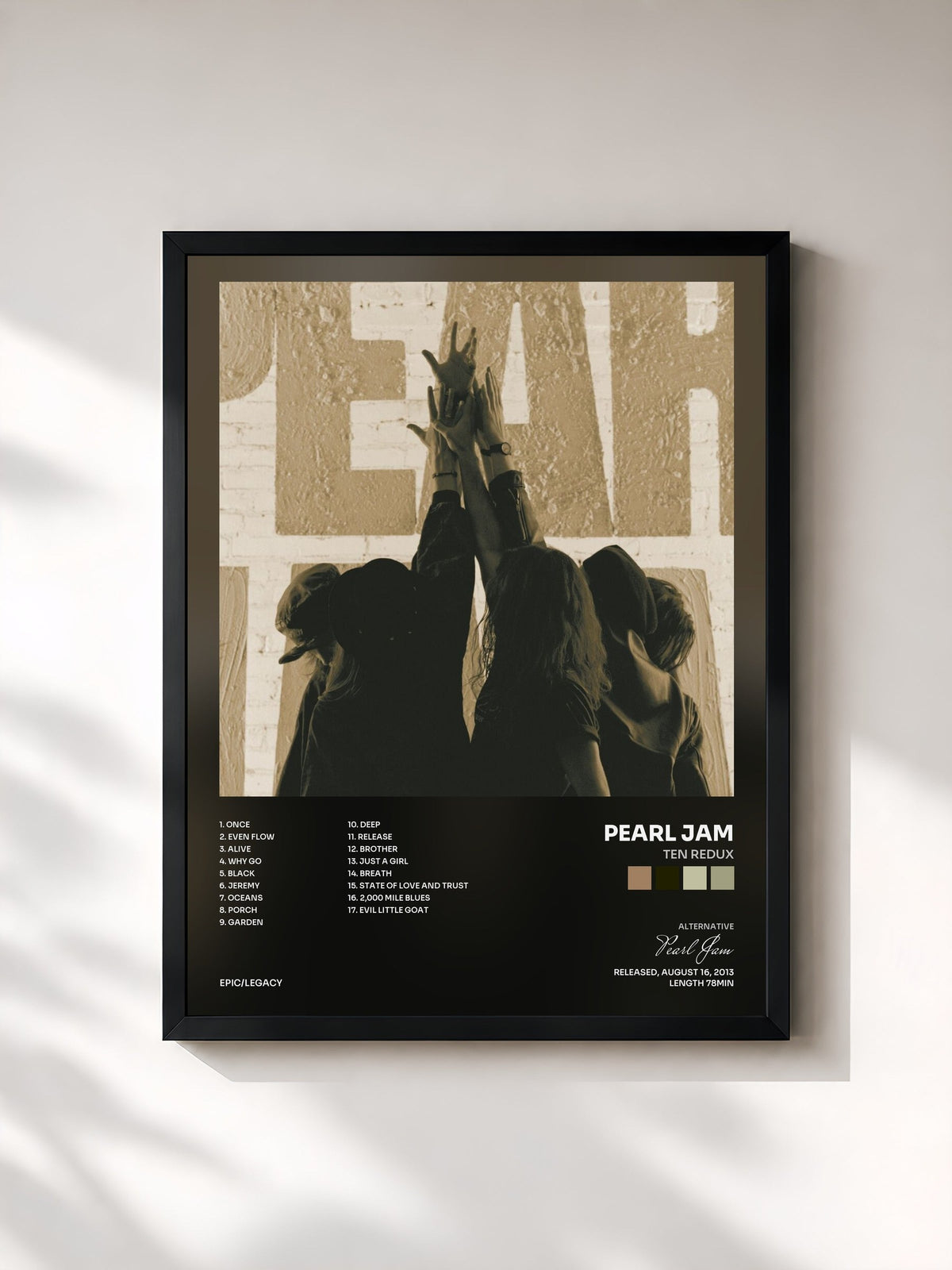 #noir Tableau de l'album Ten Redux de Pearl Jam, cadre noir, imprimé et encadré en France