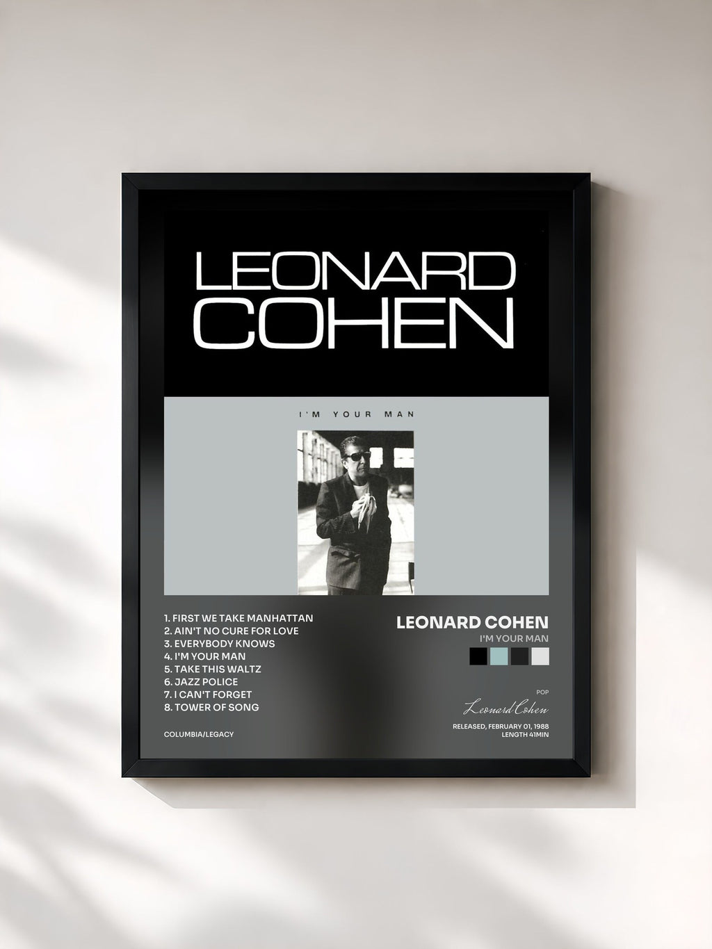 #noir Tableau de l'album I'm Your Man de Leonard Cohen, cadre noir, imprimé et encadré en France