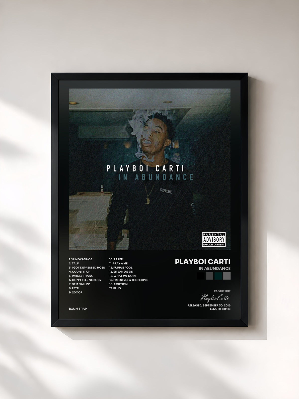 #noir In Abundance by Playboi Carti as a framed art print, black frame, printed and framed in France