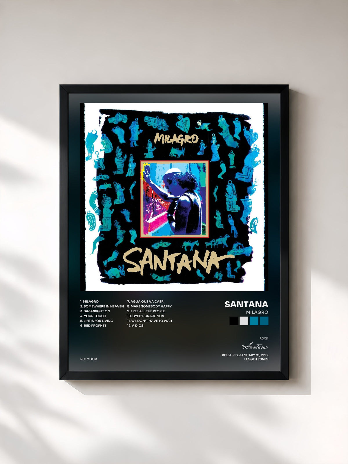 #noir Tableau de l'album Milagro de Santana, cadre noir, imprimé et encadré en France