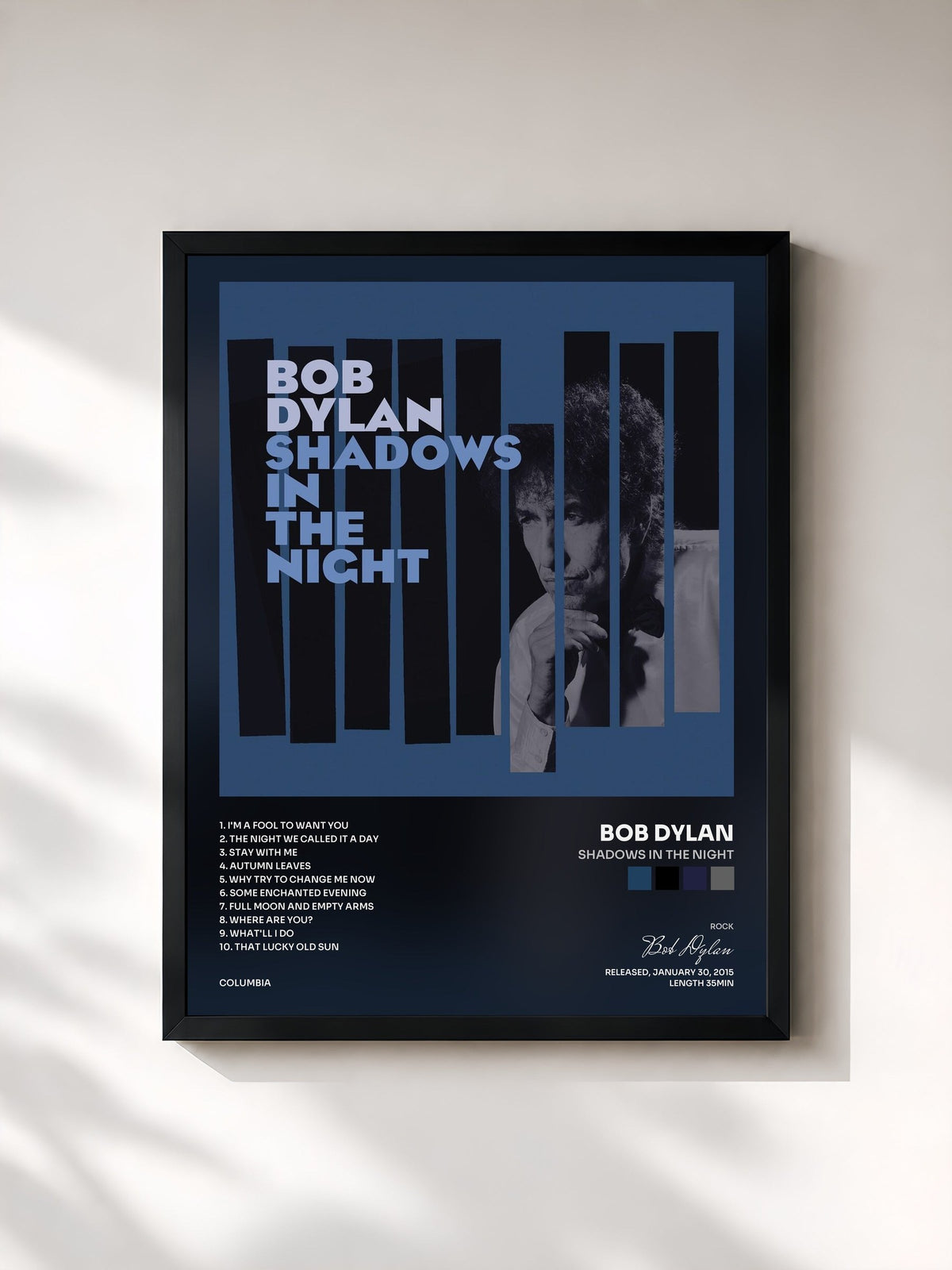 #noir Tableau de l'album Shadows in the Night de Bob Dylan, cadre noir, imprimé et encadré en France