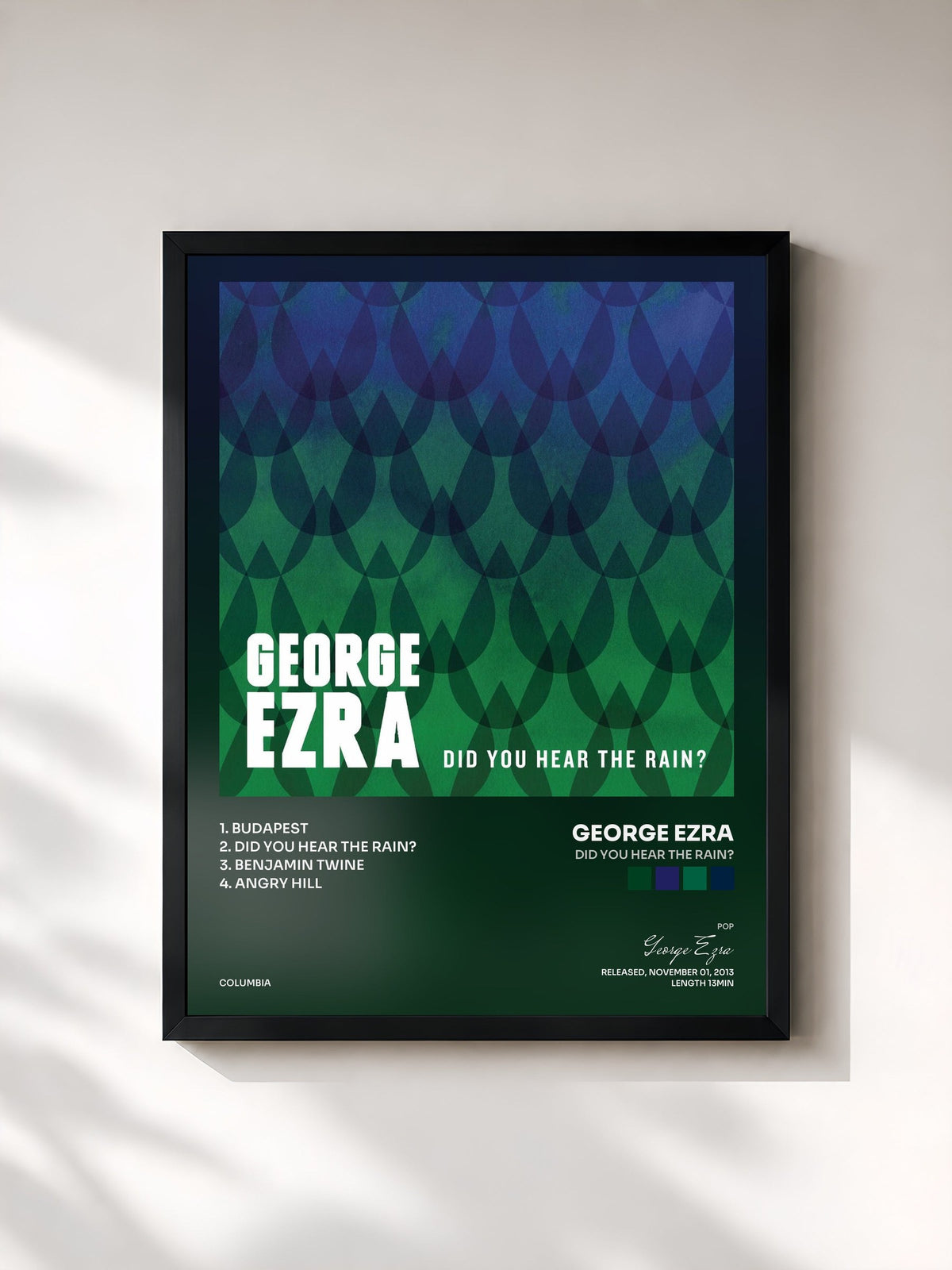 #noir Tableau de l'album Did You Hear the Rain? de George Ezra, cadre noir, imprimé et encadré en France