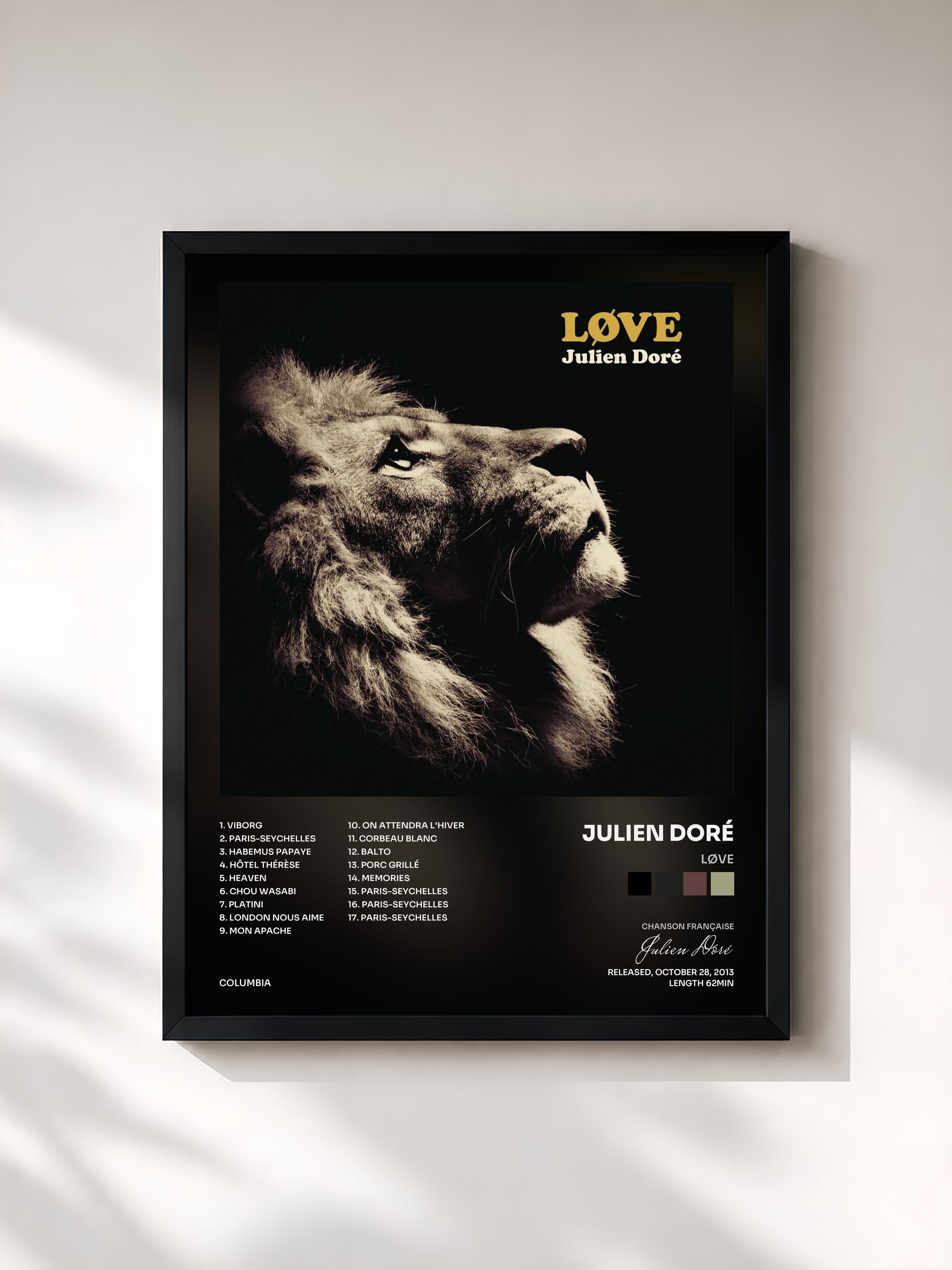 #noir Tableau de l'album LØVE de Julien Doré, cadre noir, imprimé et encadré en France