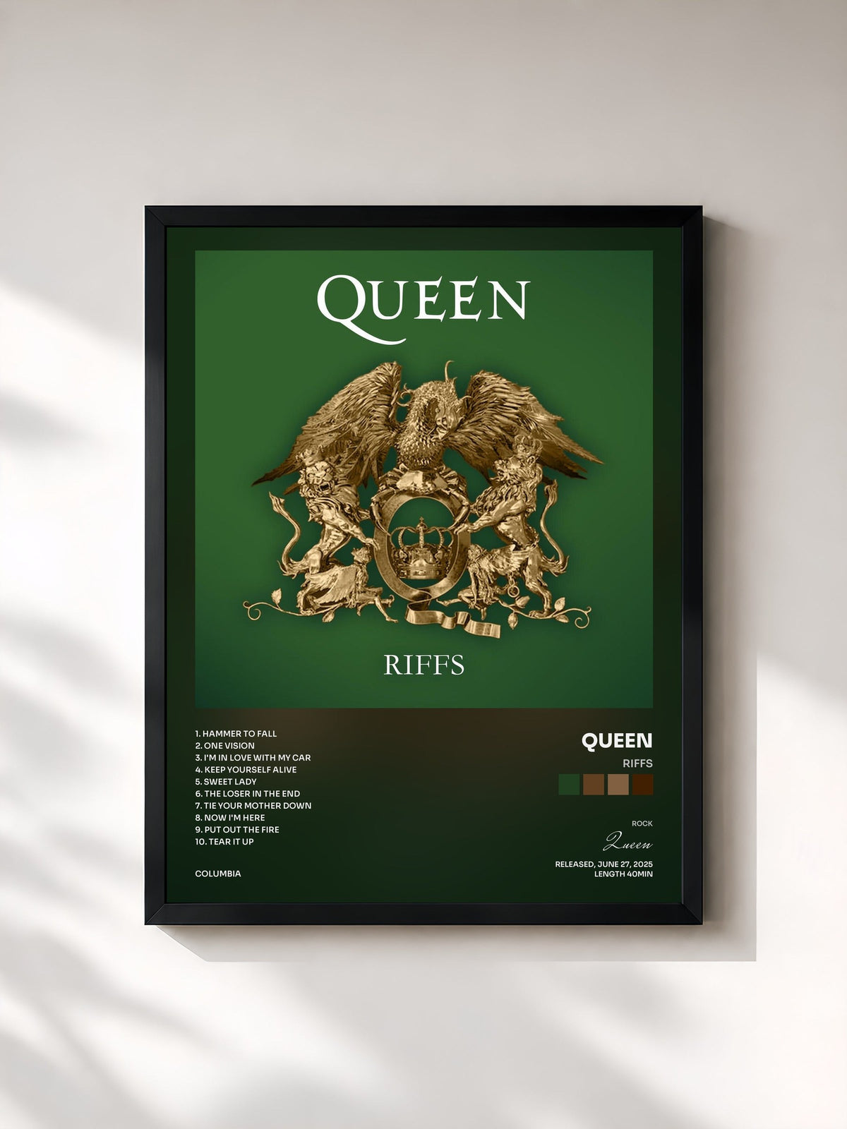 #noir Tableau de l'album Riffs de Queen, cadre noir, imprimé et encadré en France