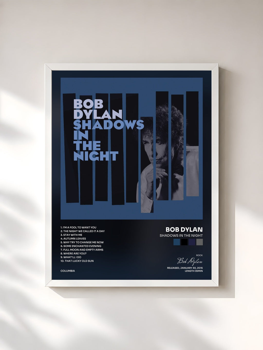 #blanc Tableau de l'album Shadows in the Night de Bob Dylan, cadre blanc, imprimé et encadré en France