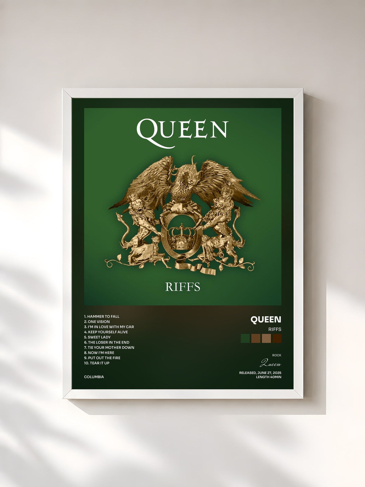 #blanc Tableau de l'album Riffs de Queen, cadre blanc, imprimé et encadré en France