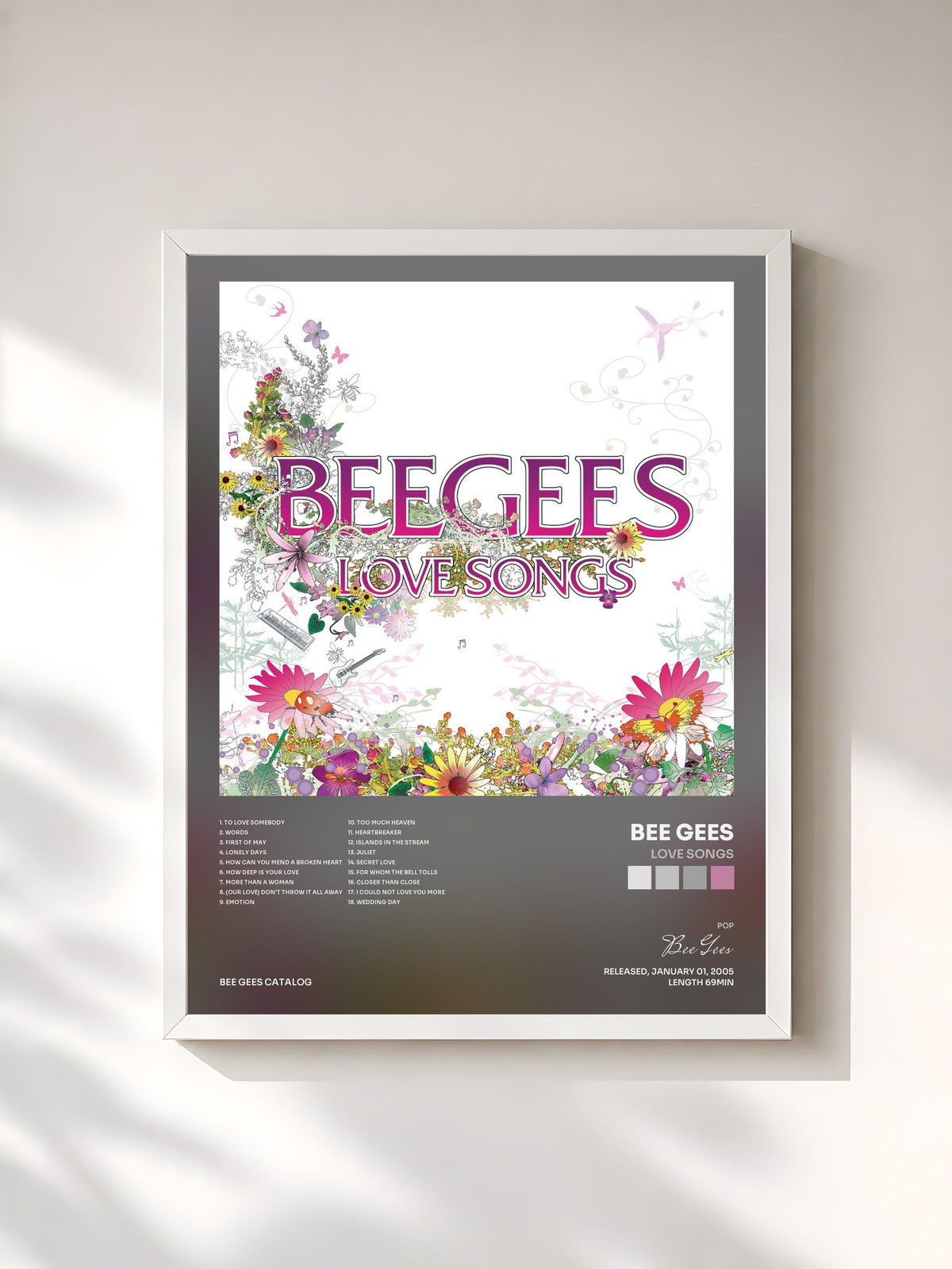 #blanc Tableau de l'album Love Songs de Bee Gees, cadre blanc, imprimé et encadré en France