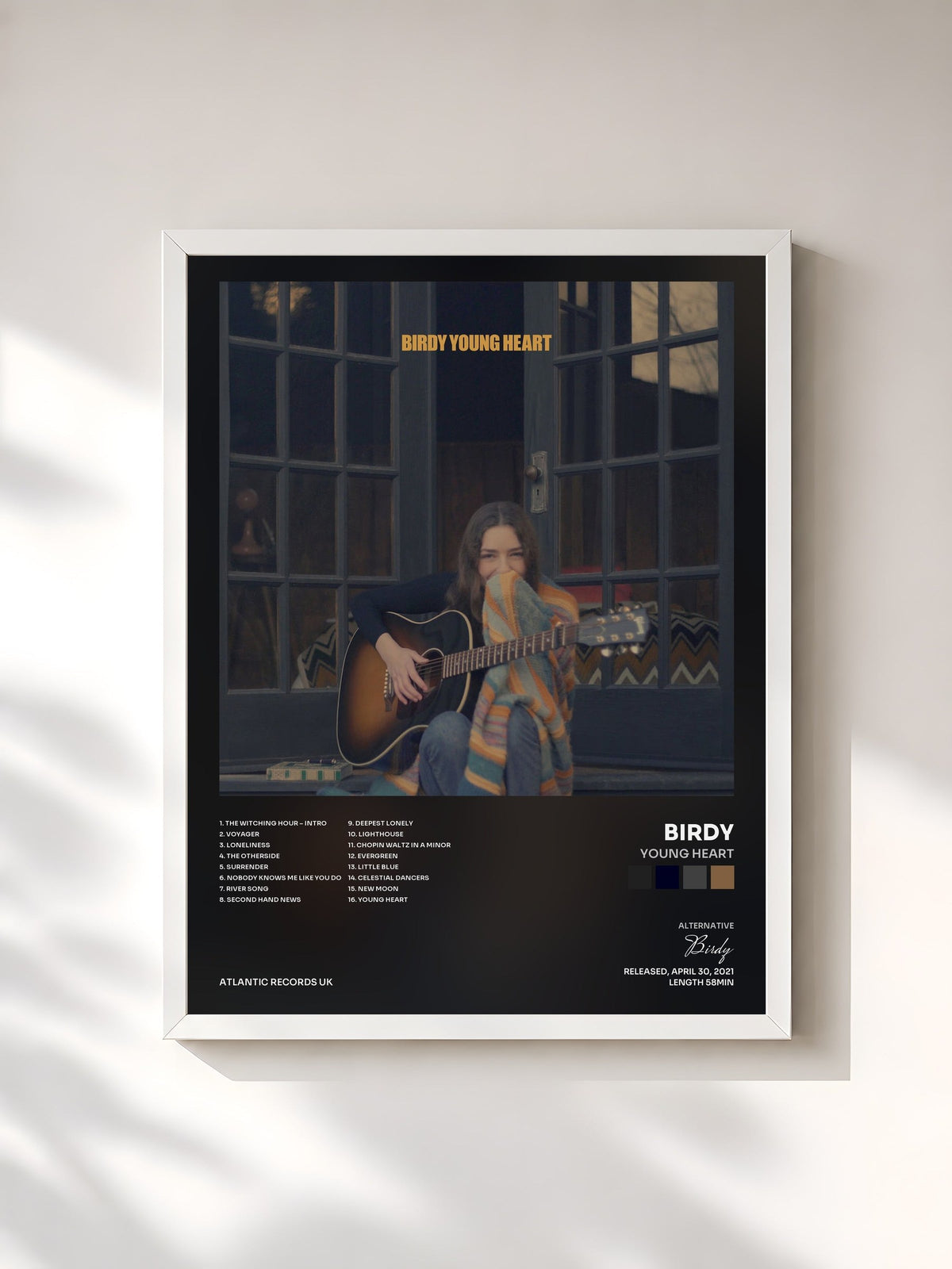 #blanc Tableau de l'album Young Heart de Birdy, cadre blanc, imprimé et encadré en France