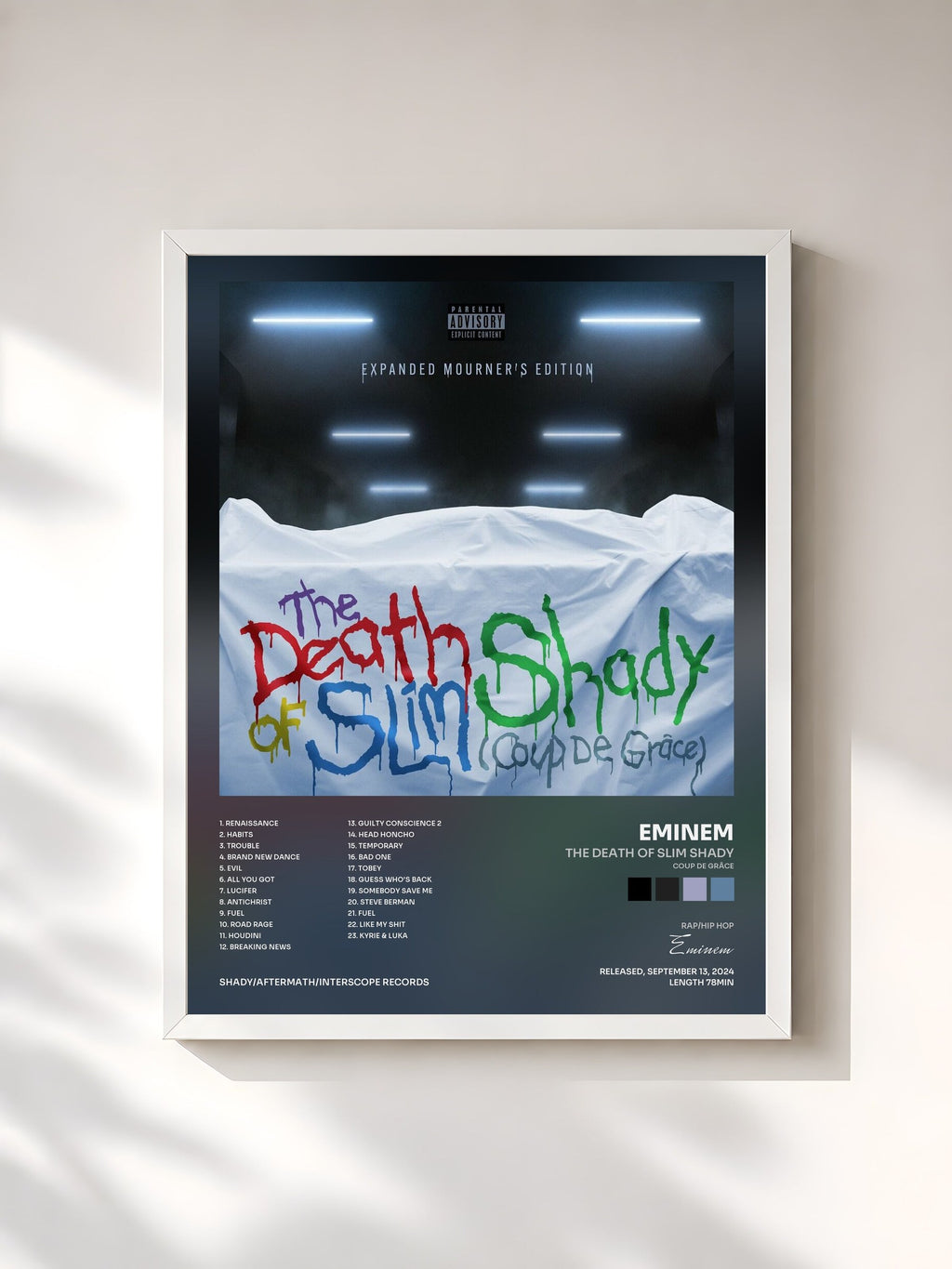 #blanc The Death of Slim Shady (Coup De Grâce): Expanded Mourner’s Edition by Eminem as a framed art print, white frame, printed and framed in France