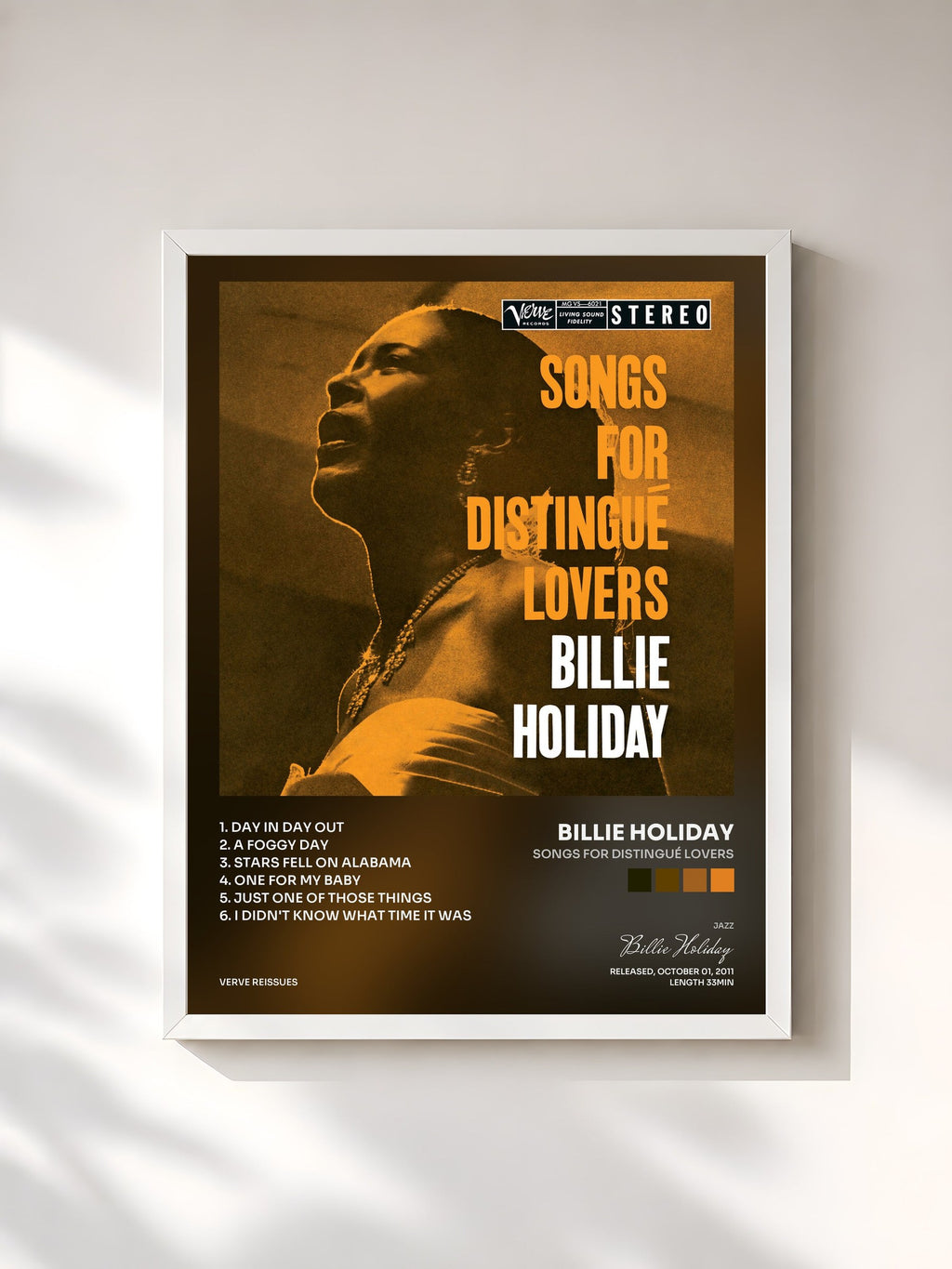 #blanc Tableau de l'album Songs For Distingué Lovers de Billie Holiday, cadre blanc, imprimé et encadré en France