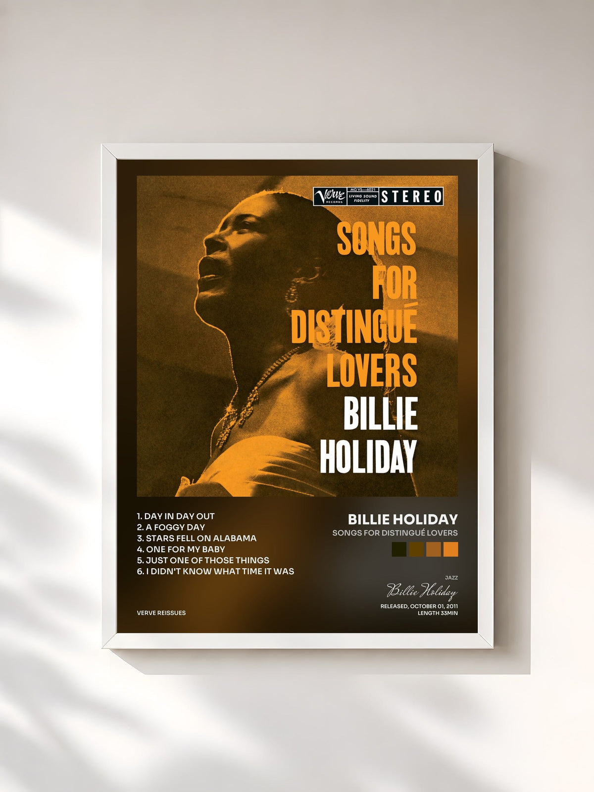 #blanc Tableau de l'album Songs For Distingué Lovers de Billie Holiday, cadre blanc, imprimé et encadré en France
