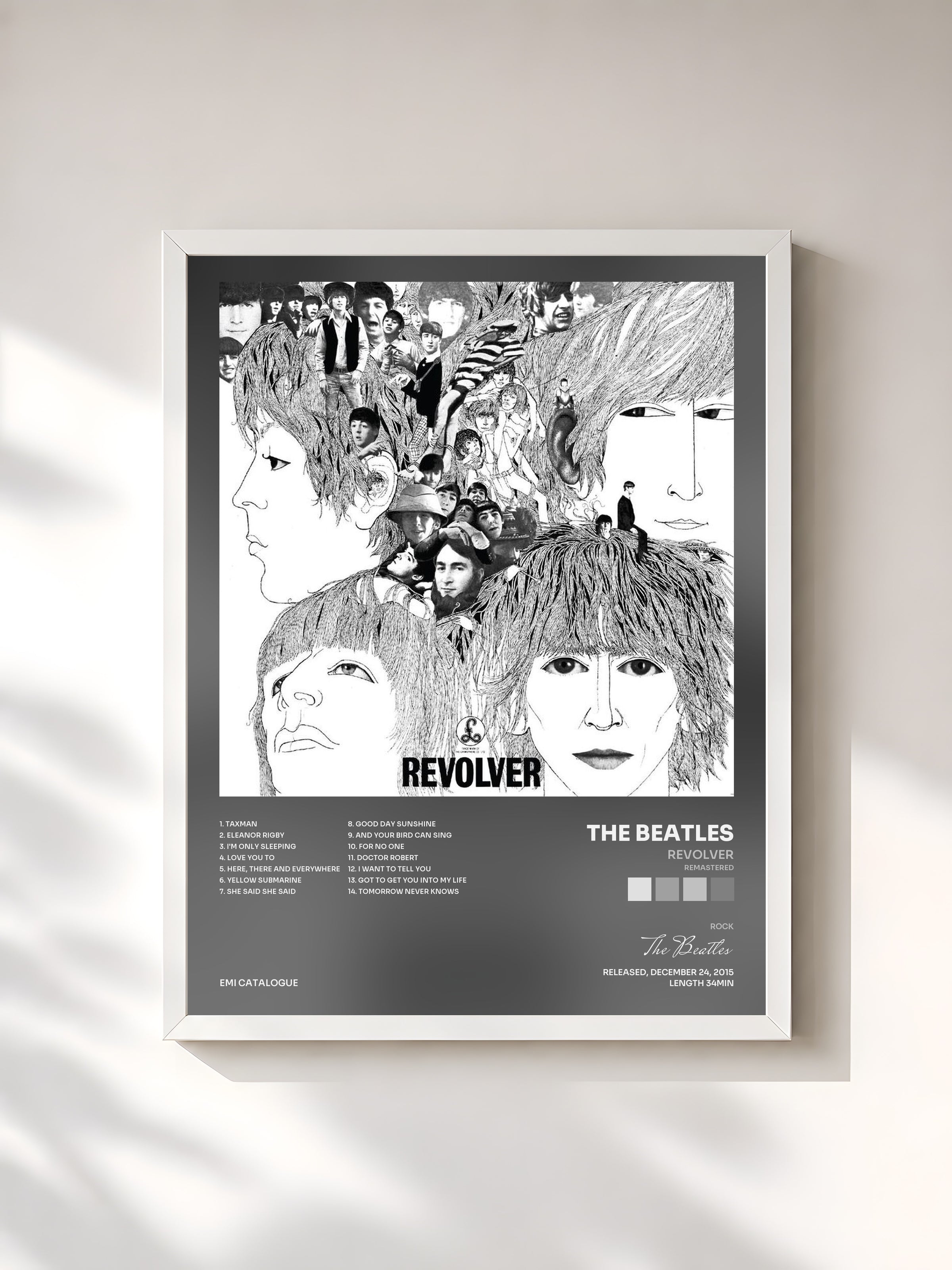 #blanc Tableau de l'album Revolver (Remastered) de The Beatles, cadre blanc, imprimé et encadré en France