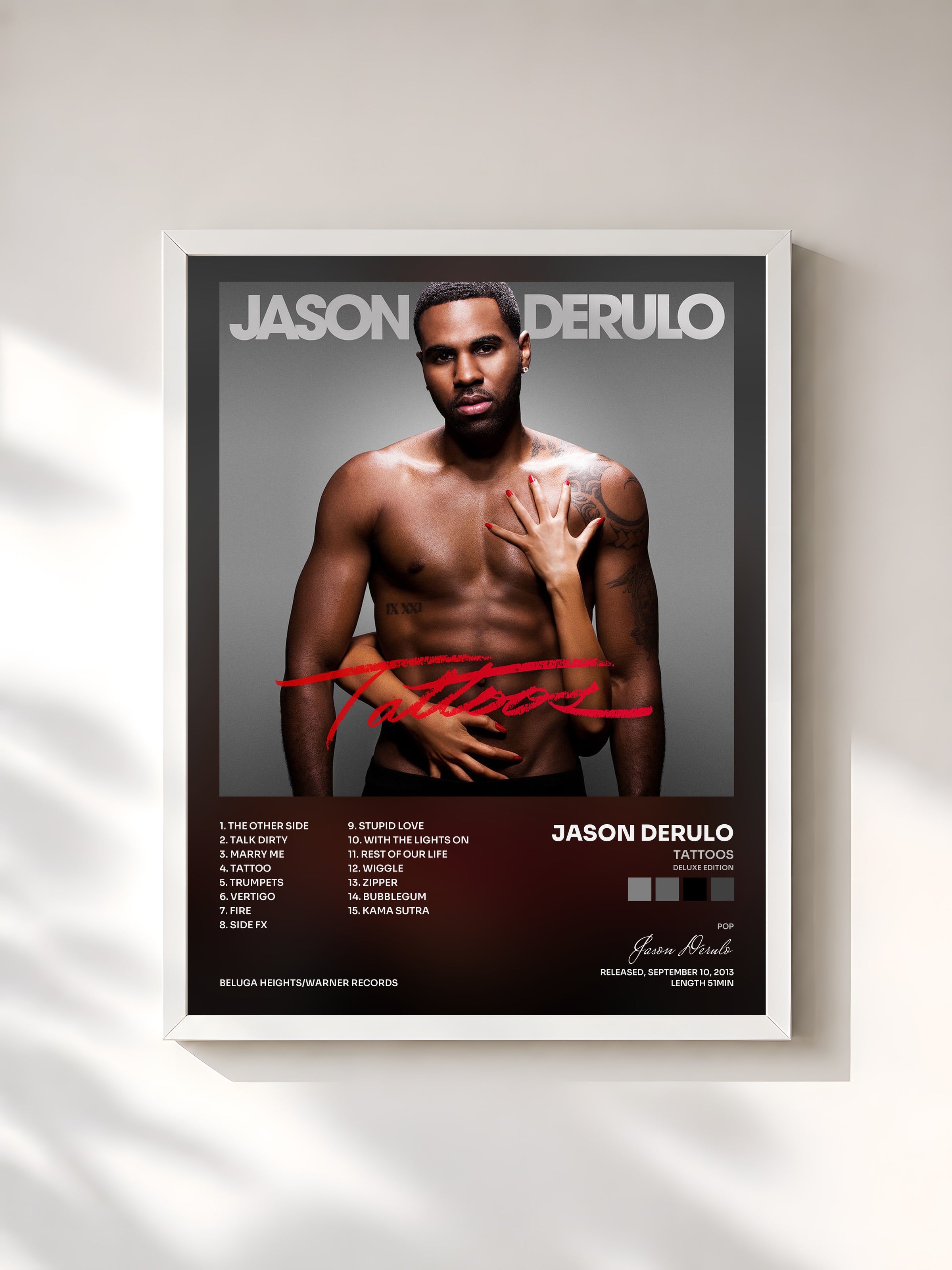 #blanc Tattoos (Deluxe Edition) by Jason Derulo as a framed art print, white frame, printed and framed in France