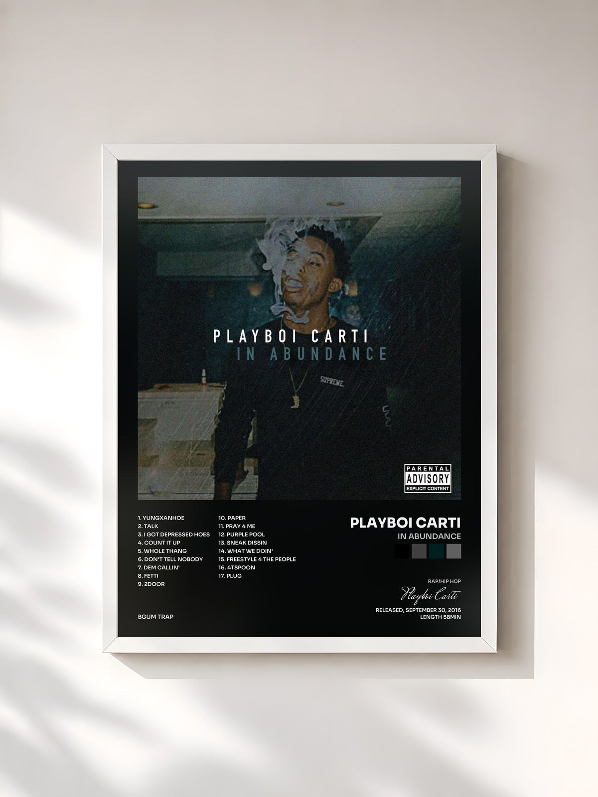 #blanc In Abundance by Playboi Carti as a framed art print, white frame, printed and framed in France