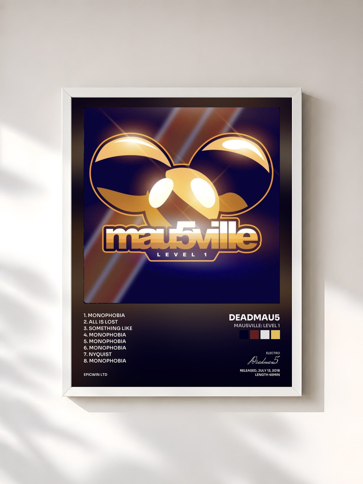 #blanc Tableau de l'album mau5ville: Level 1 de Deadmau5, cadre blanc, imprimé et encadré en France