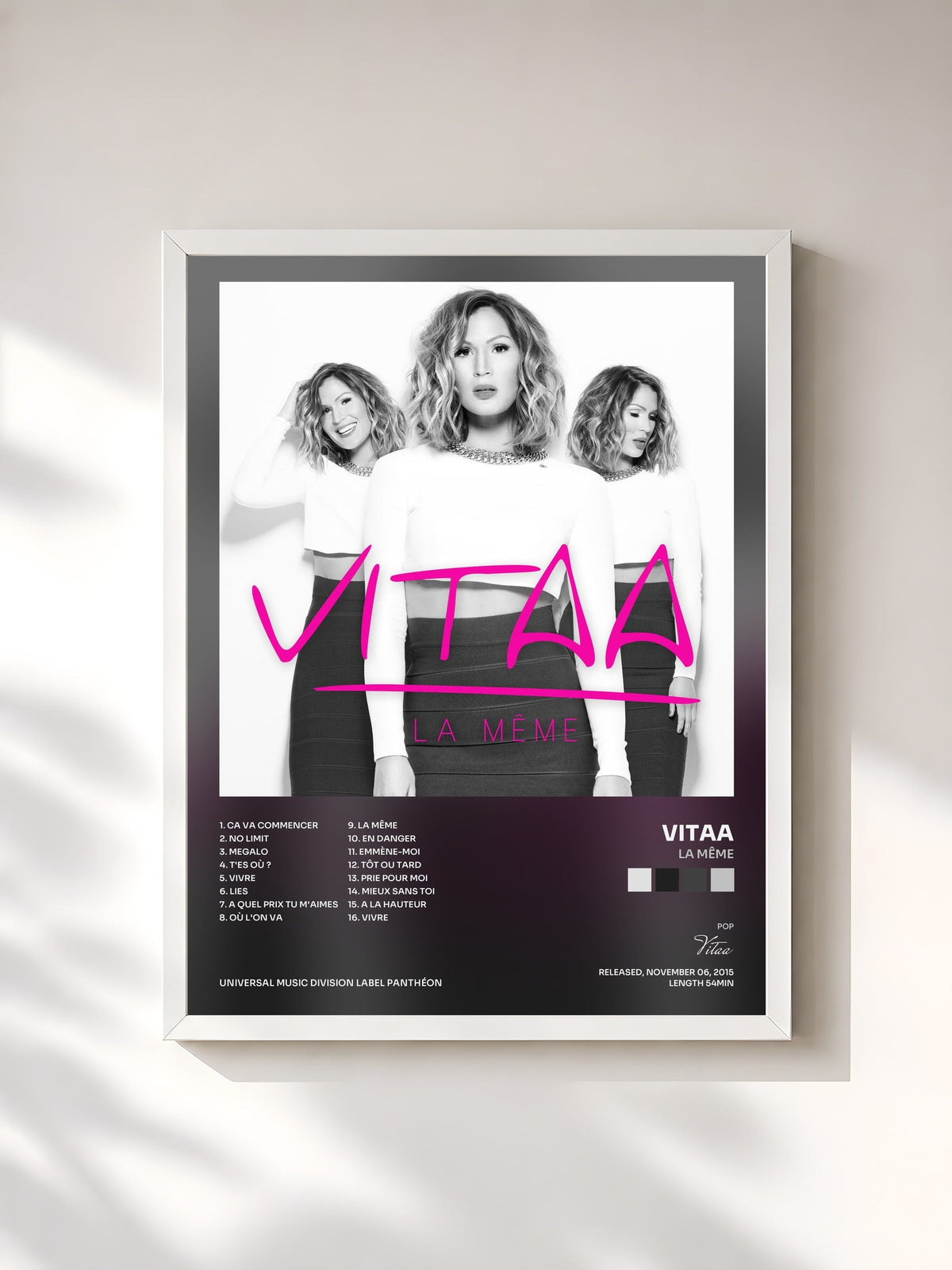 #blanc Tableau de l'album La même de Vitaa, cadre blanc, imprimé et encadré en France