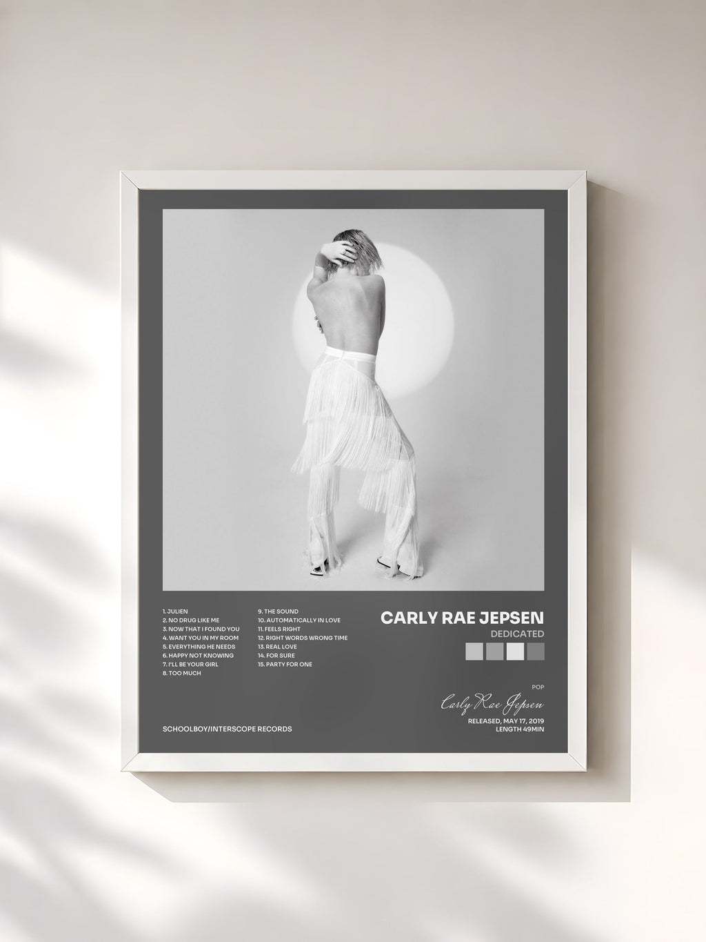 #blanc Tableau de l'album Dedicated de Carly Rae Jepsen, cadre blanc, imprimé et encadré en France