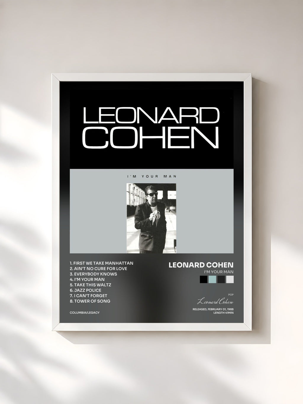 #blanc Tableau de l'album I'm Your Man de Leonard Cohen, cadre blanc, imprimé et encadré en France
