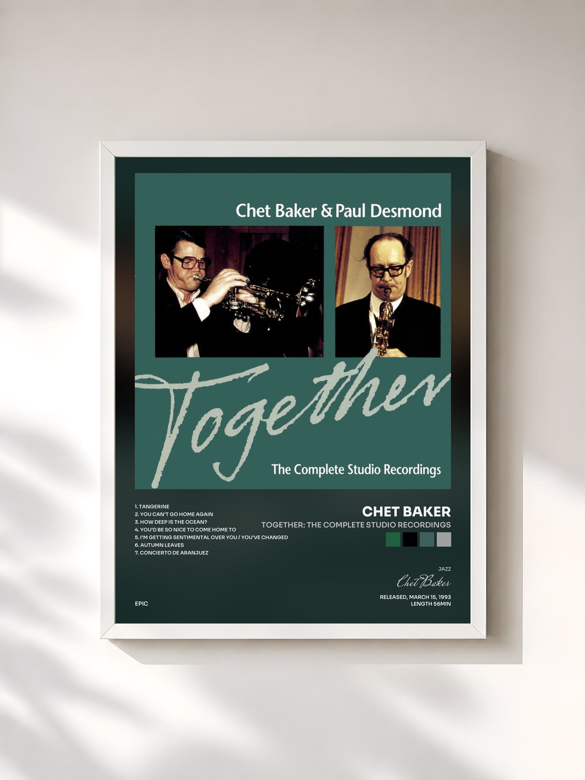 #blanc Tableau de l'album Together: The Complete Studio Recordings de Chet Baker, cadre blanc, imprimé et encadré en France