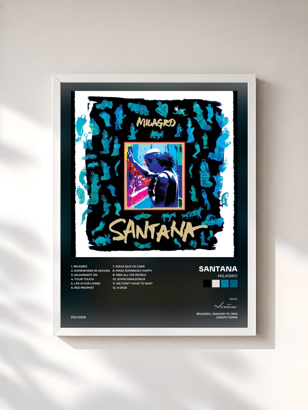 #blanc Tableau de l'album Milagro de Santana, cadre blanc, imprimé et encadré en France