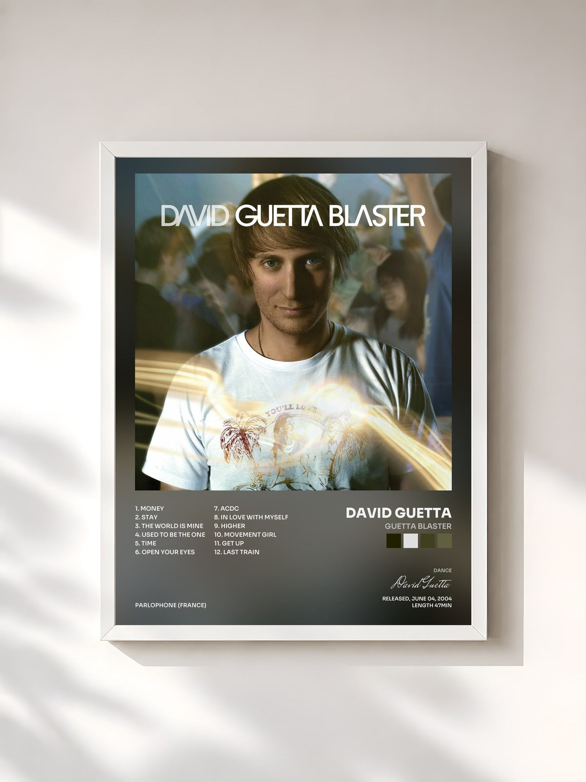 #blanc Tableau de l'album Guetta Blaster de David Guetta, cadre blanc, imprimé et encadré en France
