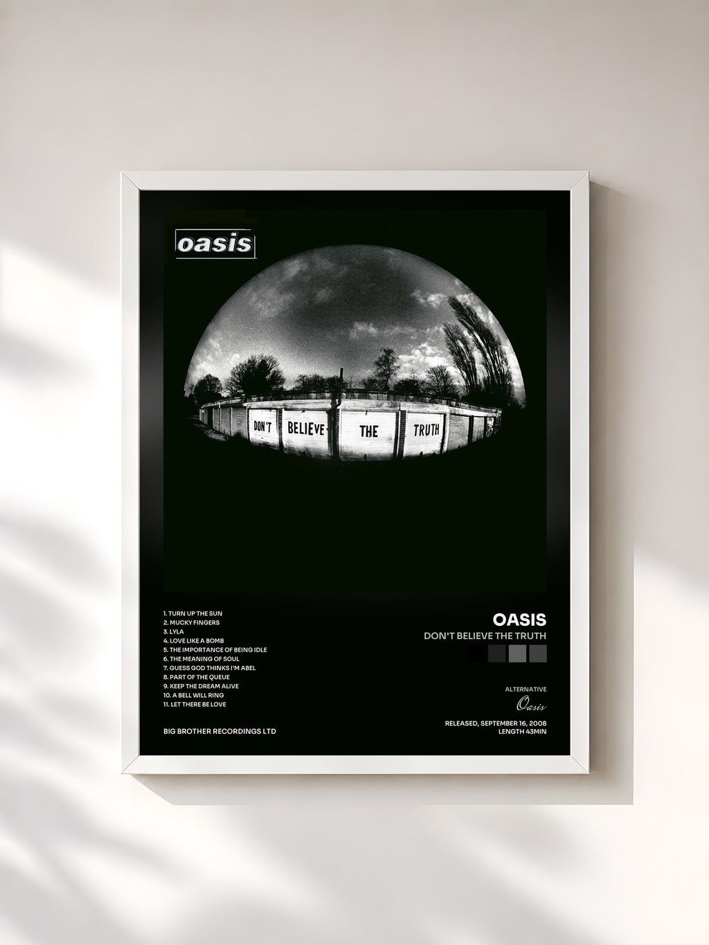 #blanc Tableau de l'album Don't Believe The Truth de Oasis, cadre blanc, imprimé et encadré en France