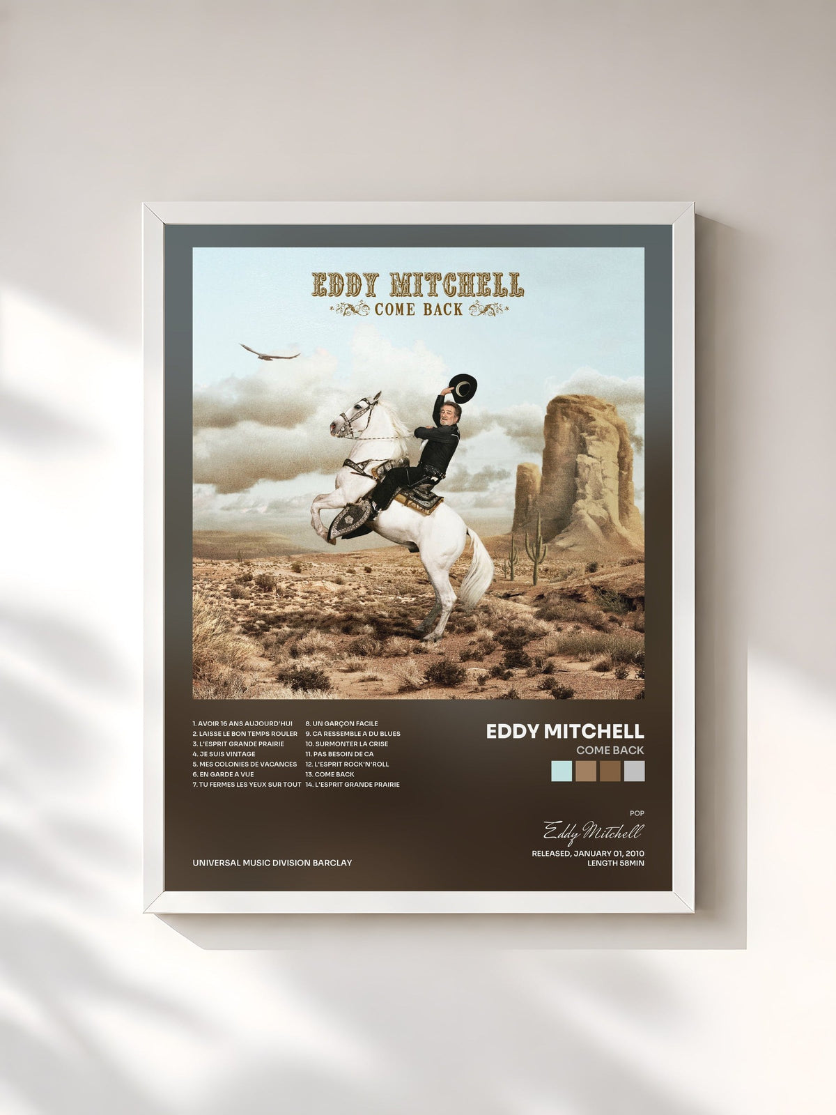 #blanc Tableau de l'album Come Back de Eddy Mitchell, cadre blanc, imprimé et encadré en France
