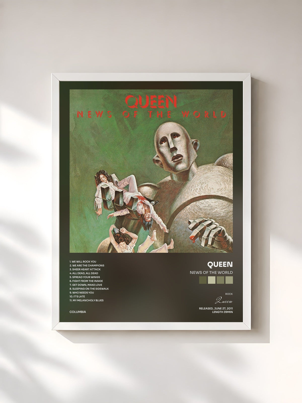 #blanc Tableau de l'album News Of The World de Queen, cadre blanc, imprimé et encadré en France
