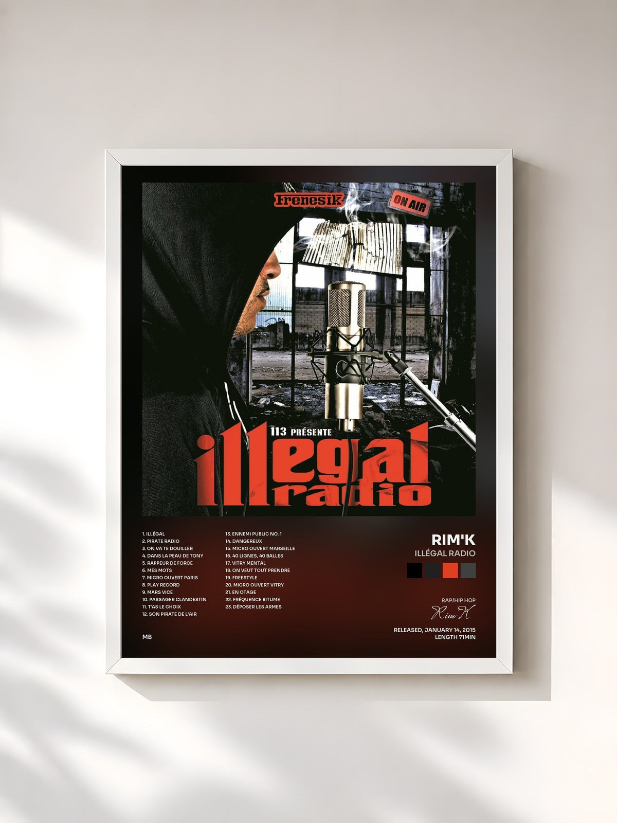 #blanc Tableau de l'album Illégal radio de Rim'K, cadre blanc, imprimé et encadré en France