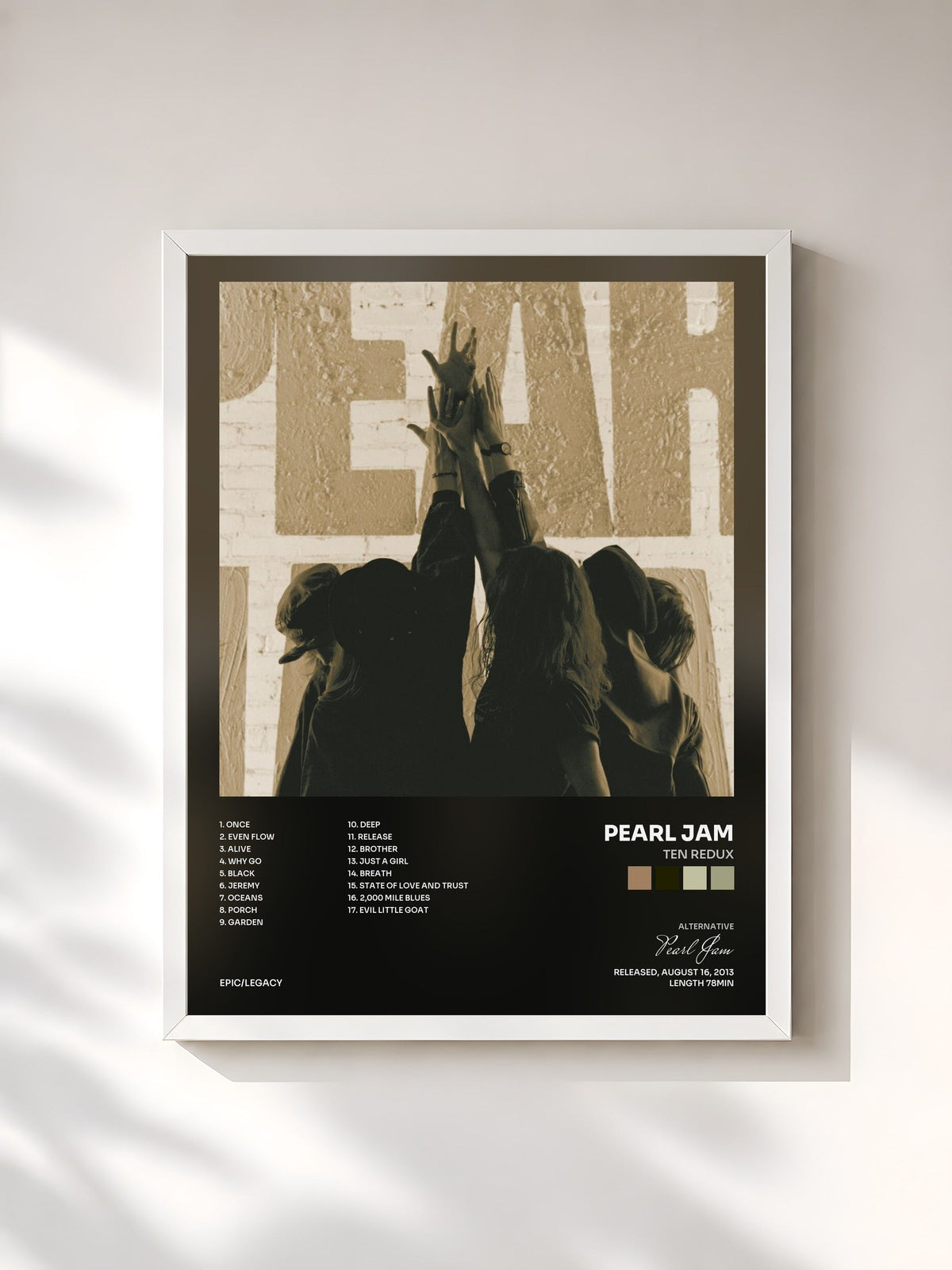 #blanc Tableau de l'album Ten Redux de Pearl Jam, cadre blanc, imprimé et encadré en France