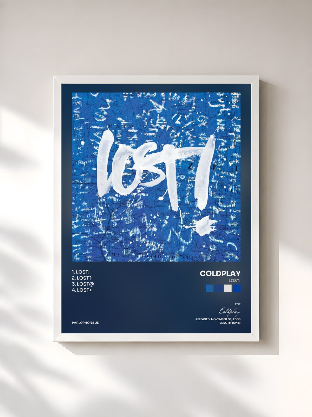 #blanc Tableau de l'album Lost! de Coldplay, cadre blanc, imprimé et encadré en France