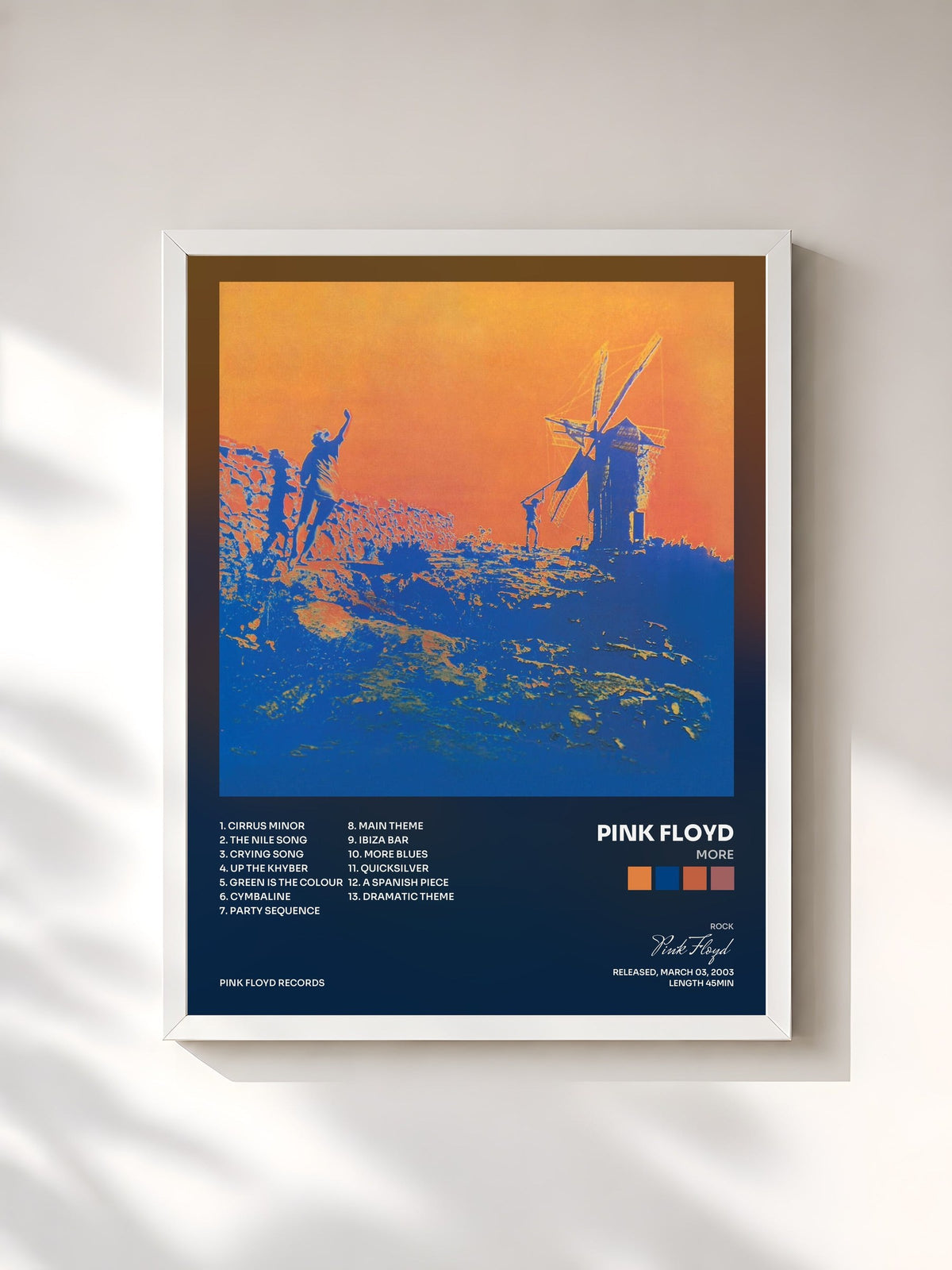#blanc Tableau de l'album More de Pink Floyd, cadre blanc, imprimé et encadré en France