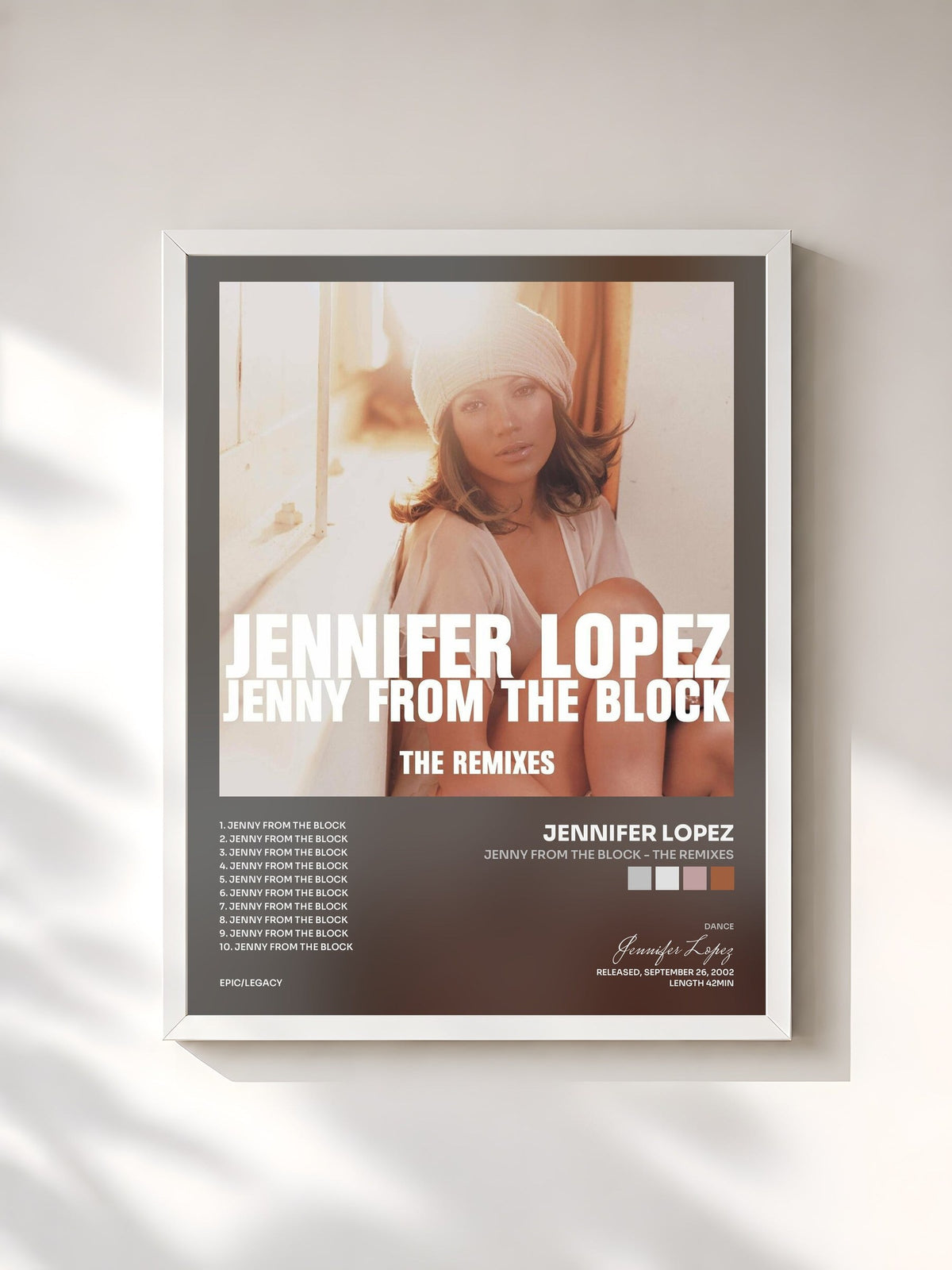 #blanc Tableau de l'album Jenny From The Block - The Remixes de Jennifer Lopez, cadre blanc, imprimé et encadré en France