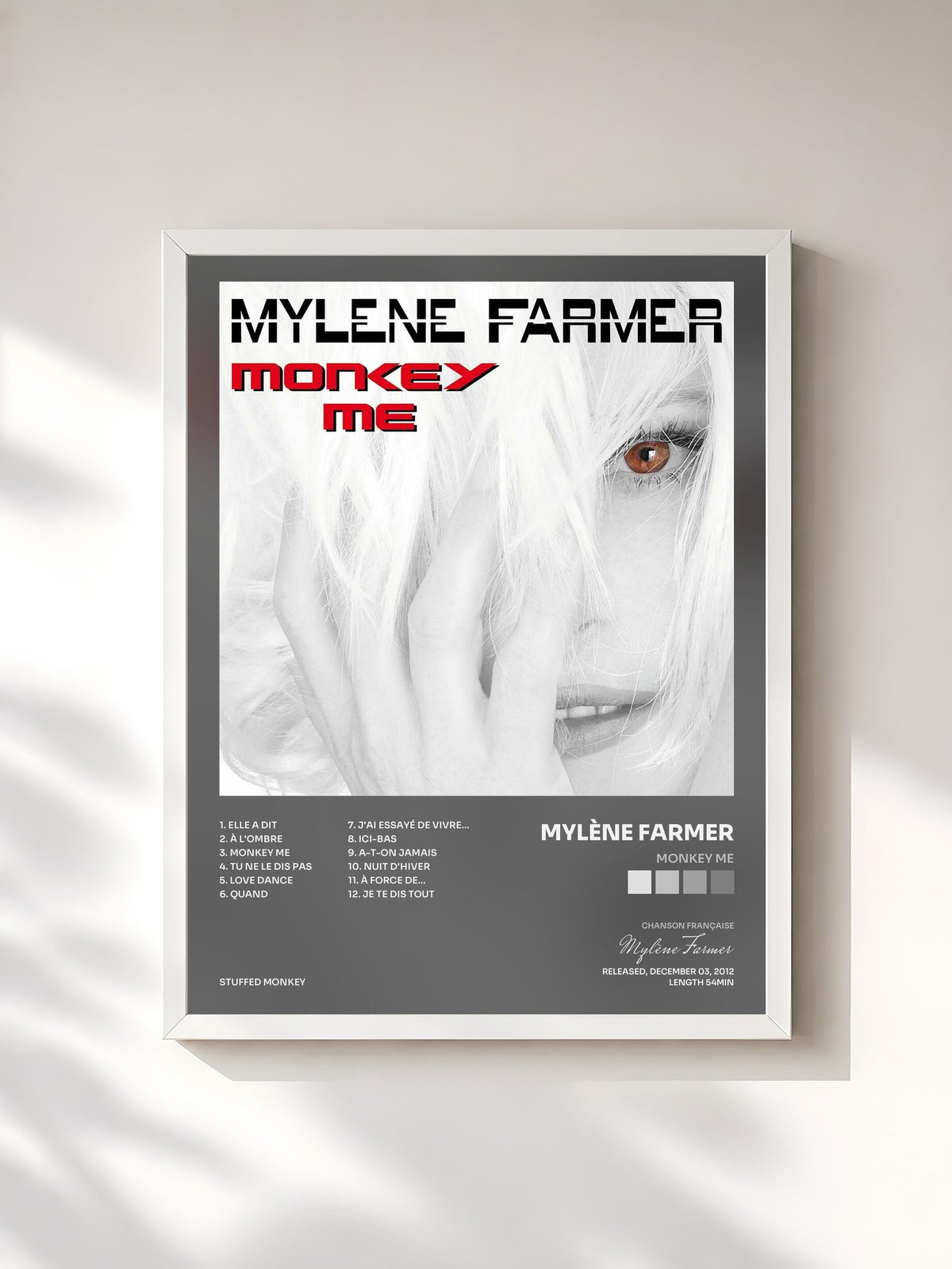 #blanc Tableau de l'album Monkey Me de Mylène Farmer, cadre blanc, imprimé et encadré en France