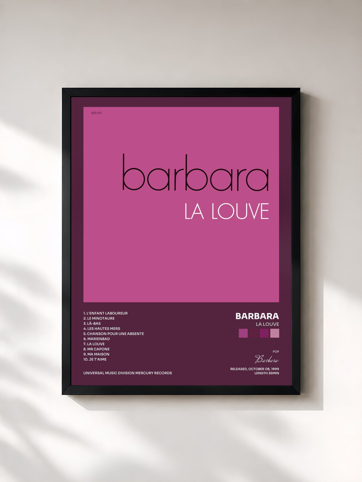 #noir Tableau de l'album La Louve de Barbara, cadre noir, imprimé et encadré en France