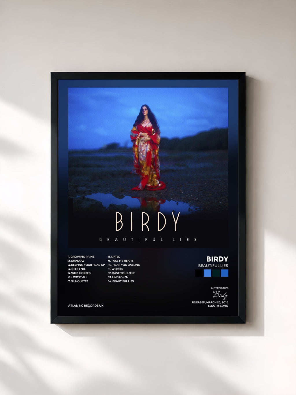 #noir Tableau de l'album Beautiful Lies de Birdy, cadre noir, imprimé et encadré en France