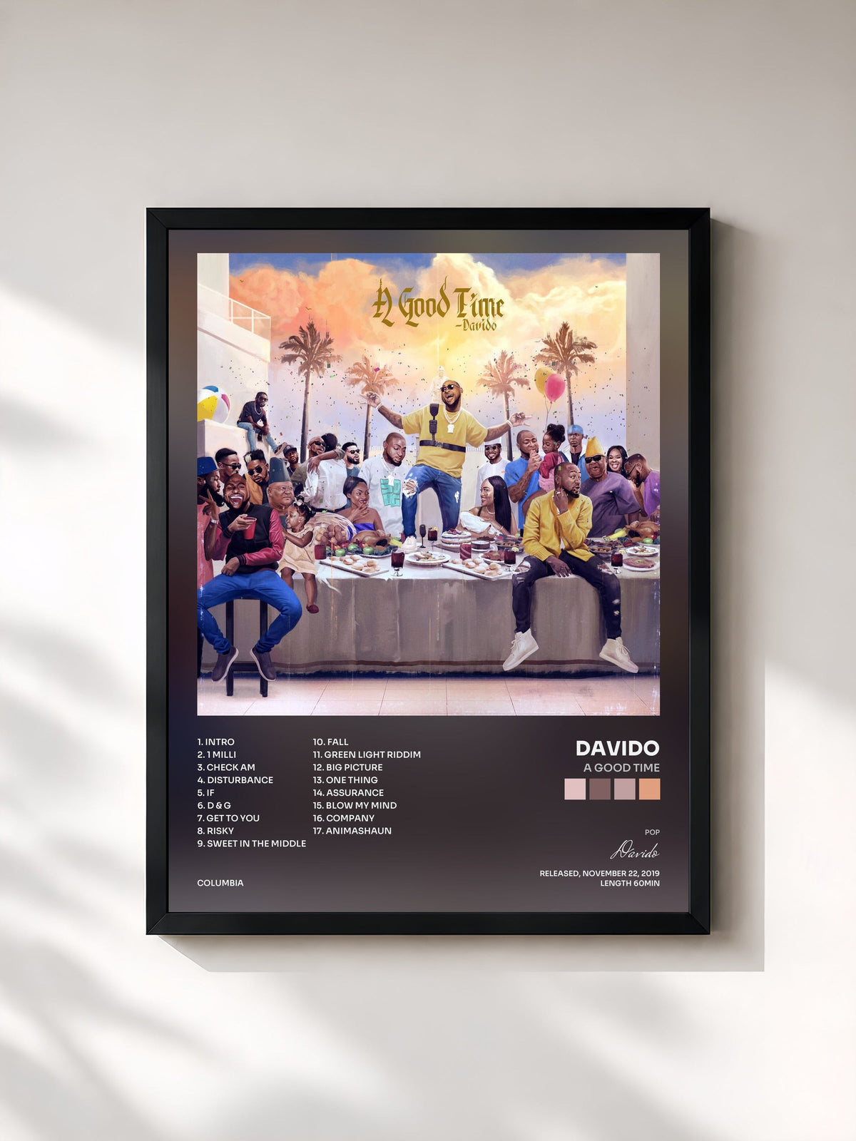 #noir Tableau de l'album A Good Time de Davido, cadre noir, imprimé et encadré en France