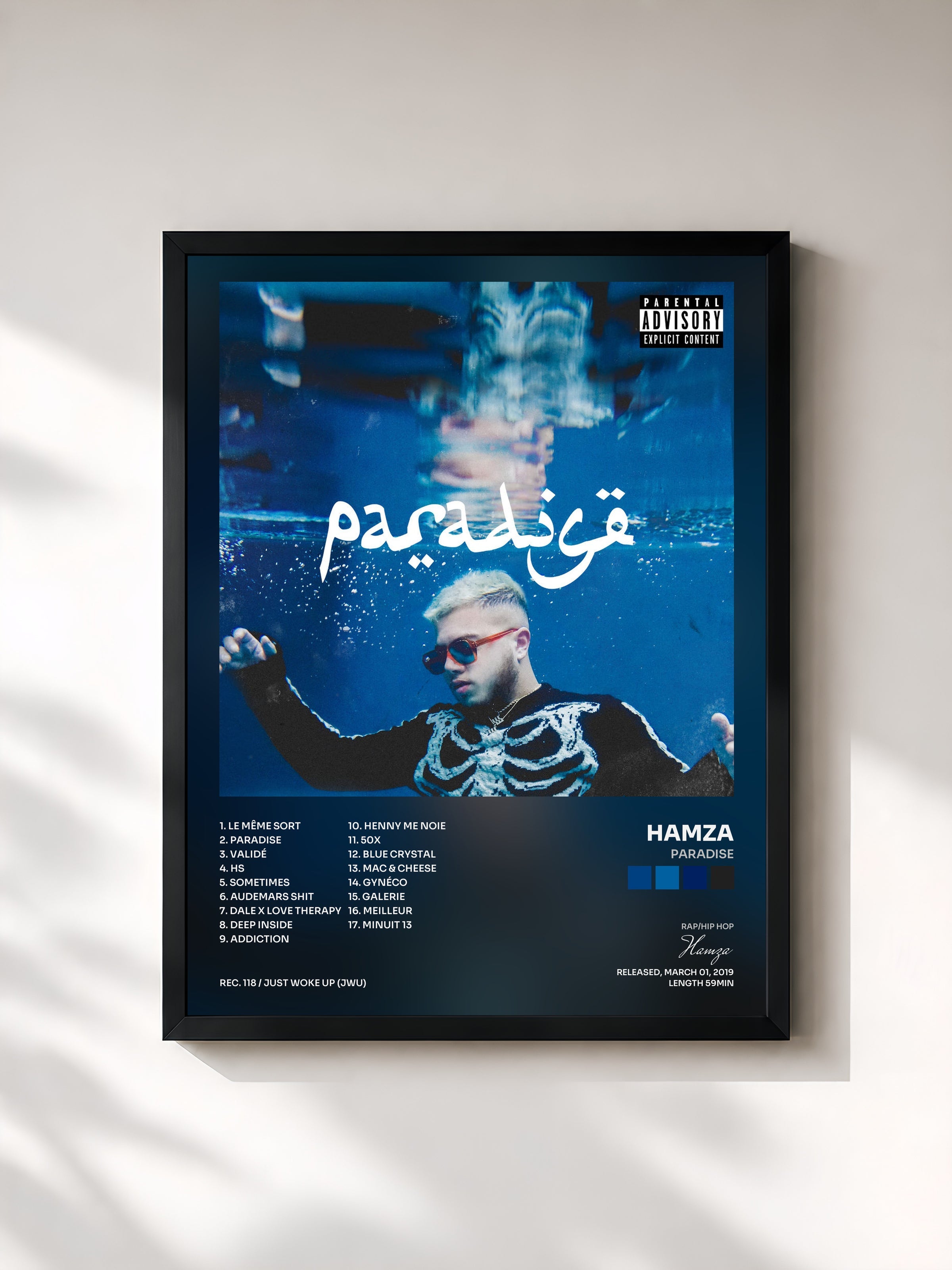 #noir Tableau de l'album Paradise de Hamza, cadre noir, imprimé et encadré en France