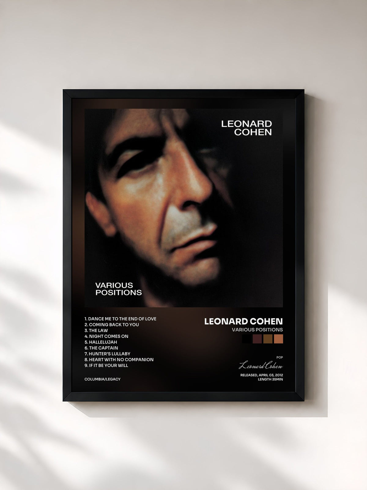 #noir Tableau de l'album Various Positions de Leonard Cohen, cadre noir, imprimé et encadré en France