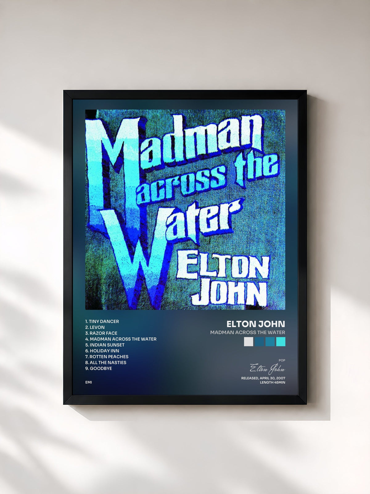 #noir Tableau de l'album Madman Across The Water de Elton John, cadre noir, imprimé et encadré en France