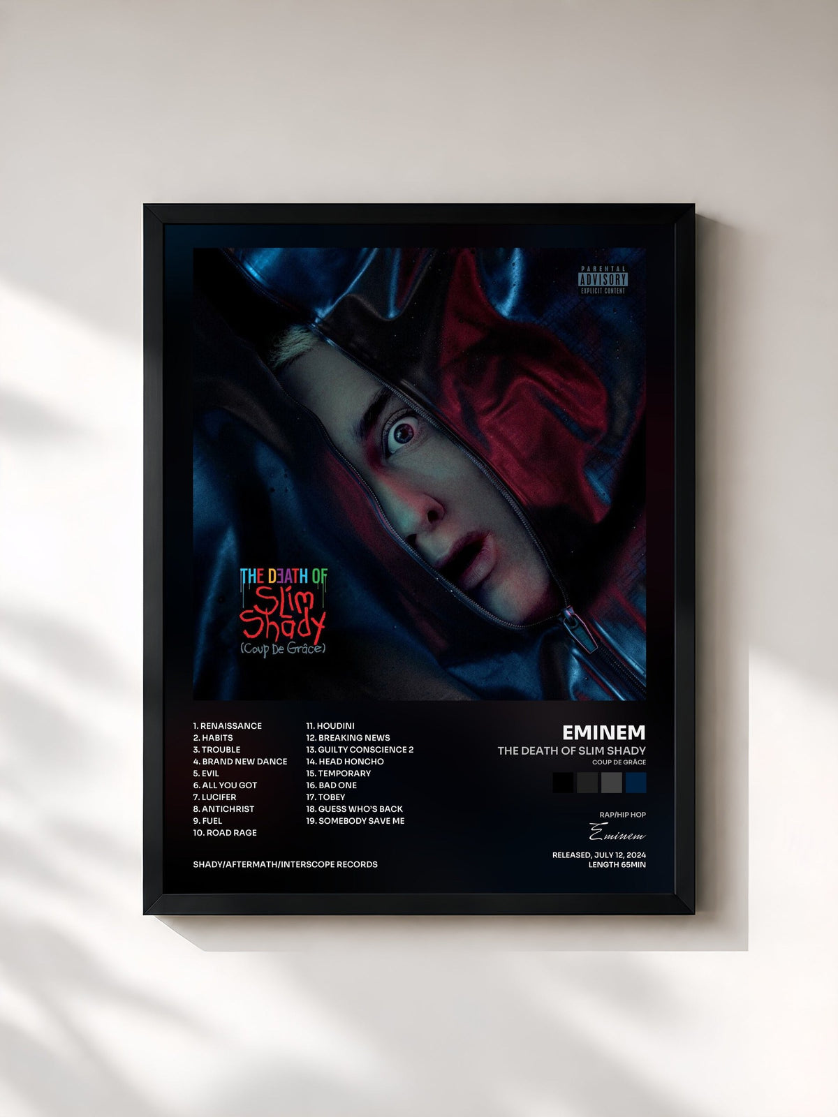 #noir Tableau de l'album The Death of Slim Shady (Coup De Grâce) de Eminem, cadre noir, imprimé et encadré en France