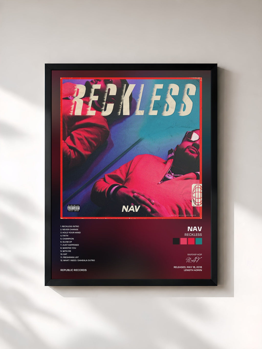 #noir Tableau de l'album RECKLESS de NAV, cadre noir, imprimé et encadré en France