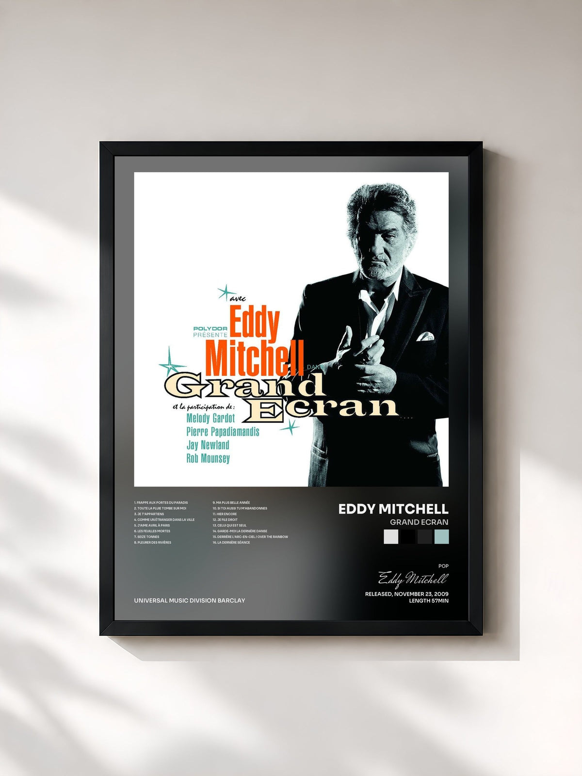 #noir Tableau de l'album Grand Ecran de Eddy Mitchell, cadre noir, imprimé et encadré en France