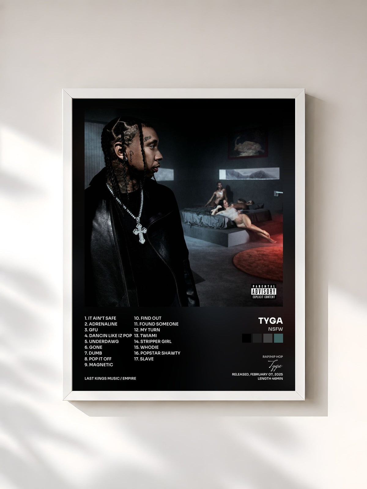 #blanc Tableau de l'album NSFW de Tyga, cadre blanc, imprimé et encadré en France