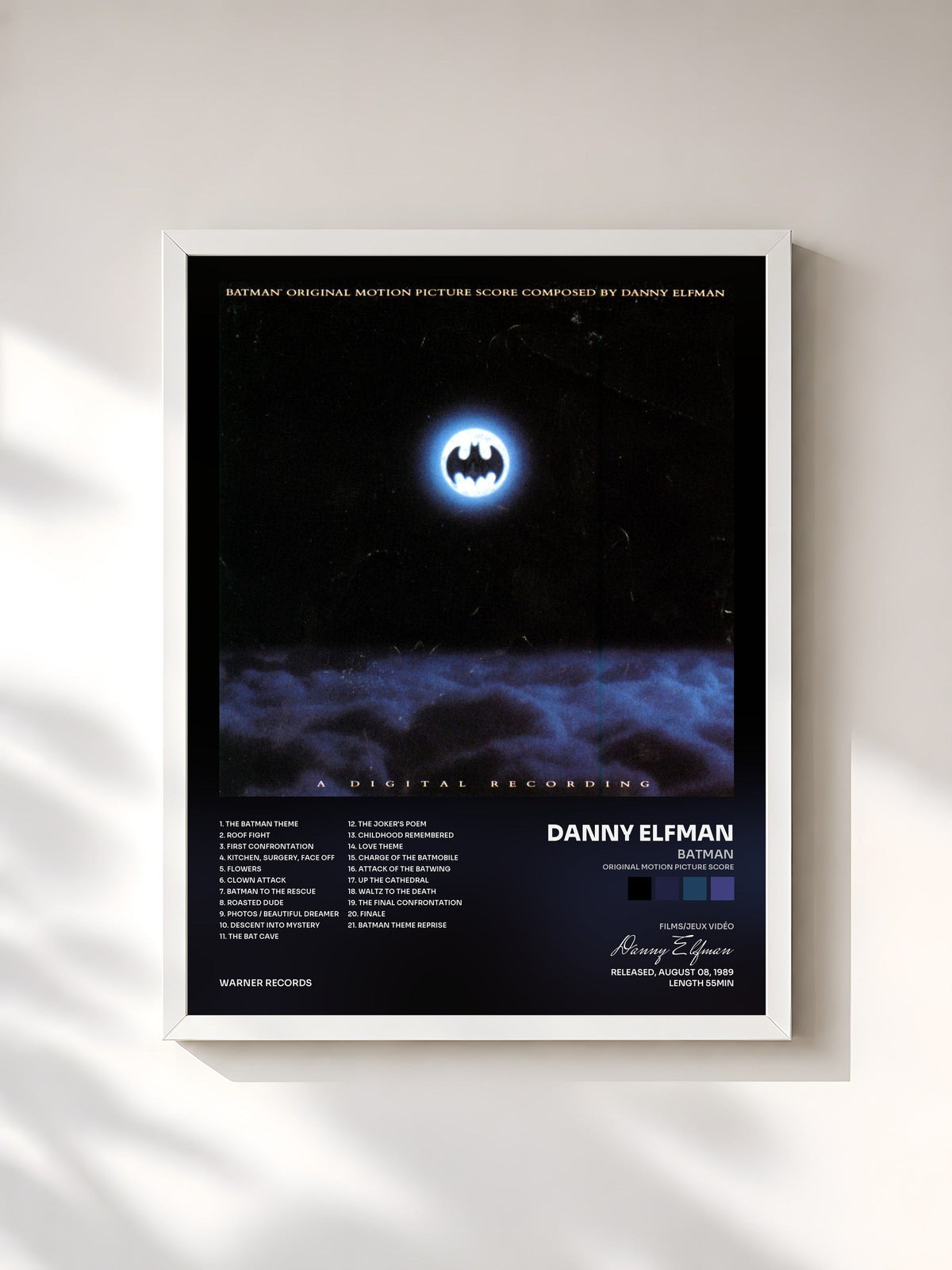 #blanc Tableau de l'album Batman (Original Motion Picture Score) de Danny Elfman, cadre blanc, imprimé et encadré en France