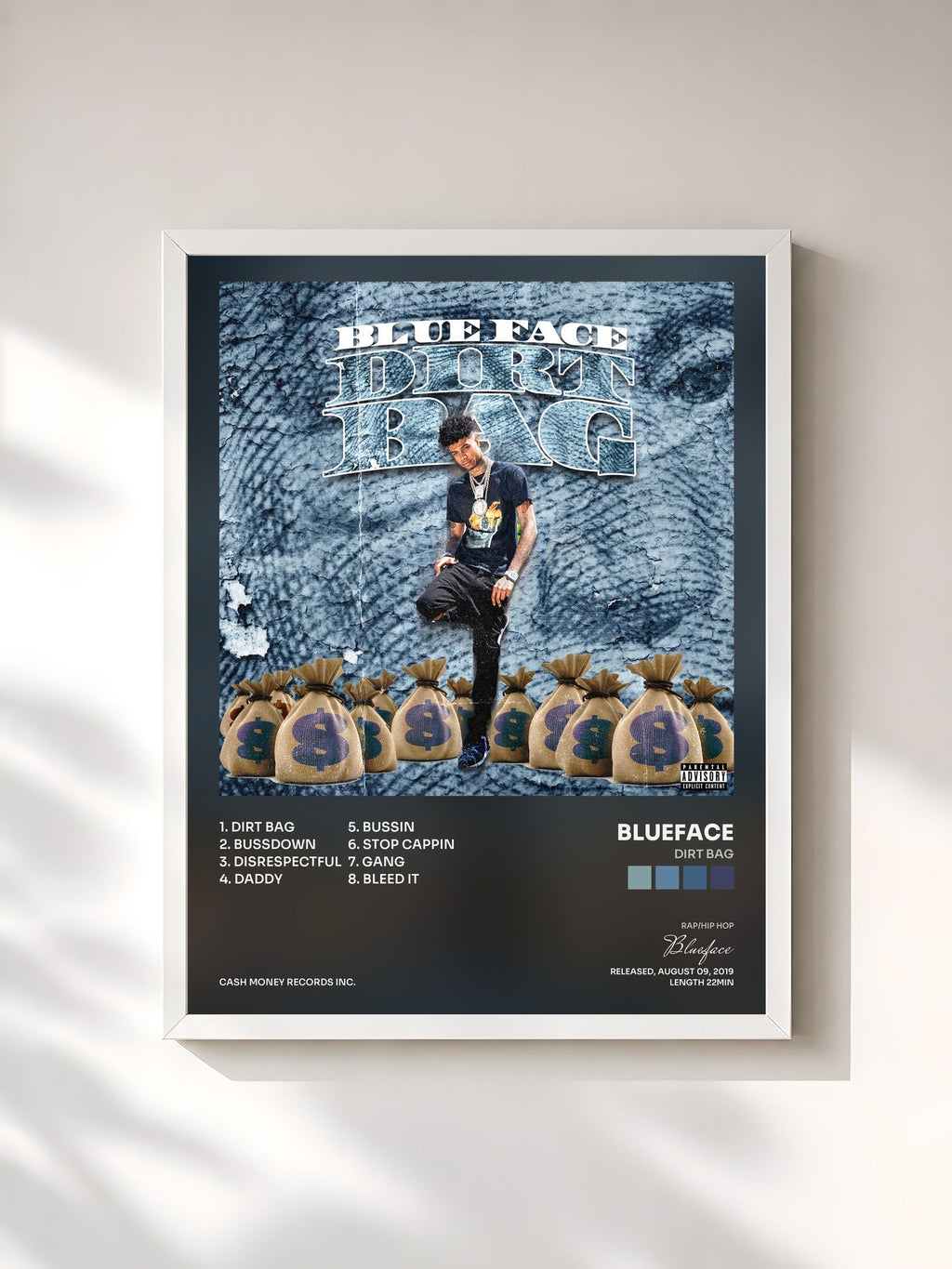 #blanc Tableau de l'album Dirt Bag de Blueface, cadre blanc, imprimé et encadré en France