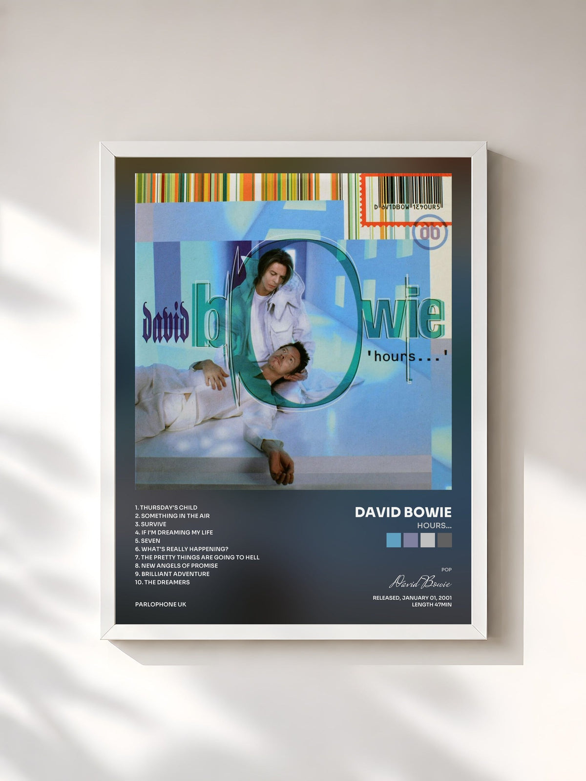 #blanc Tableau de l'album Hours... de David Bowie, cadre blanc, imprimé et encadré en France