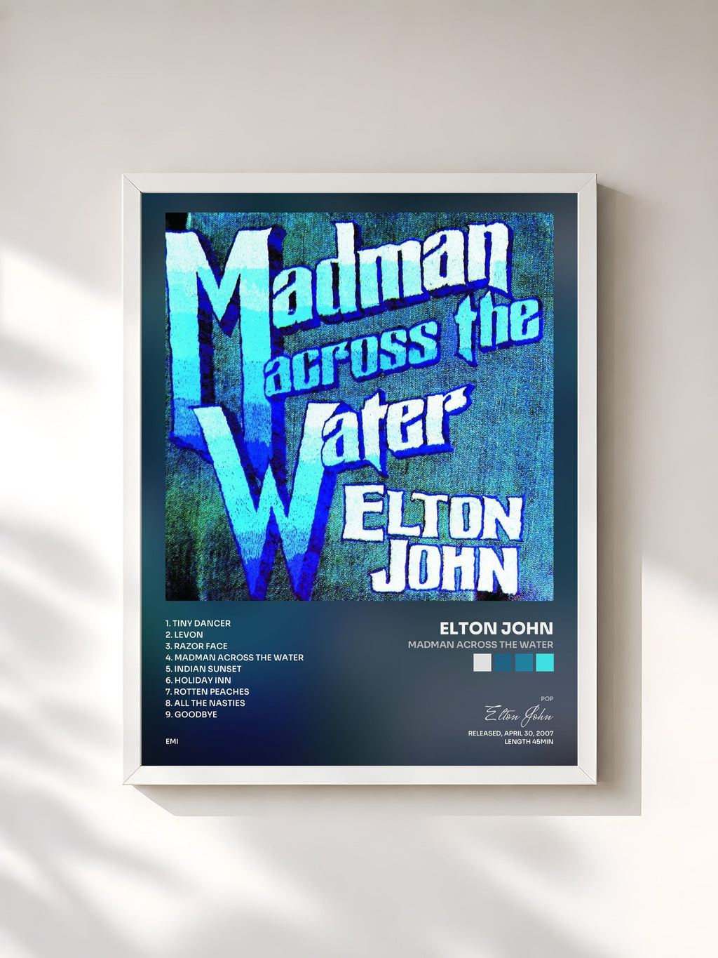 #blanc Madman Across The Water de Elton John en lámina enmarcada, marco blanco, impresa y enmarcada en Francia
